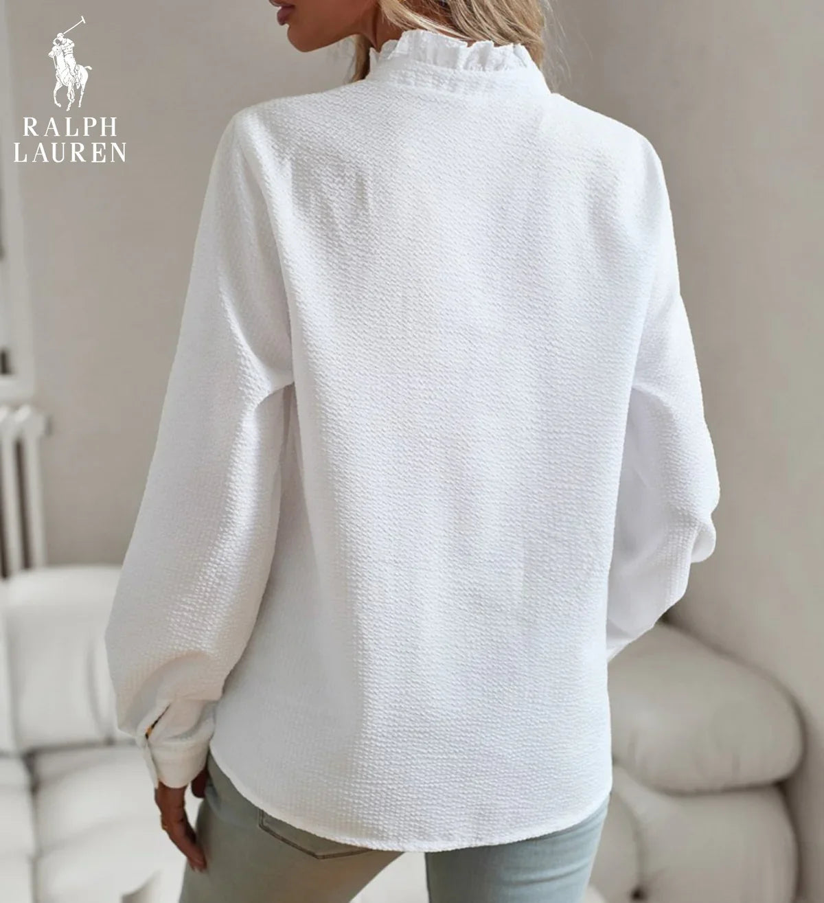 R. Ꮮаᴜгеn Camicia Button-Up con Rouches – Vestibilità Morbida e Testurizzata