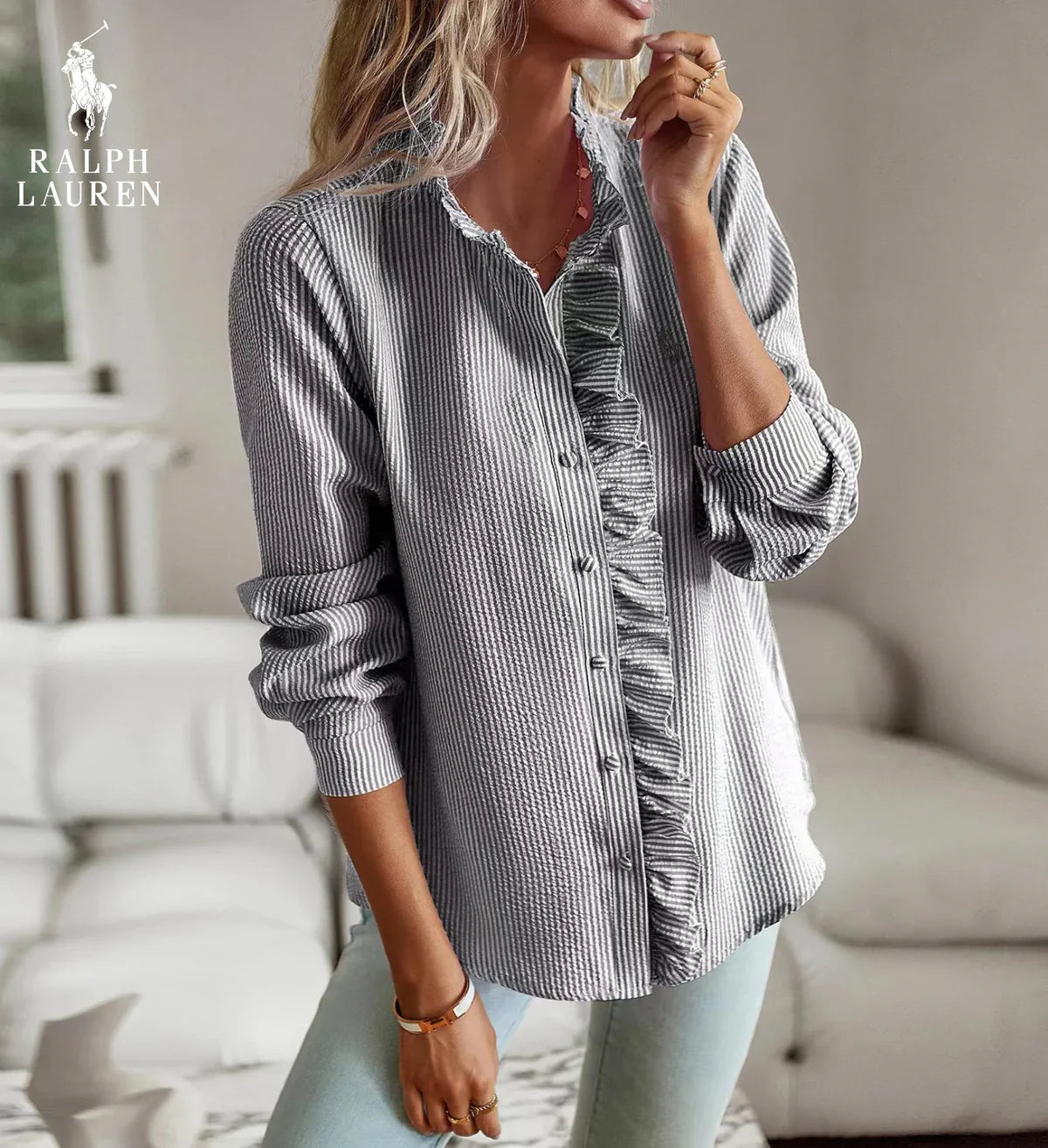 R. Ꮮаᴜгеn Camicia Button-Up con Rouches – Vestibilità Morbida e Testurizzata