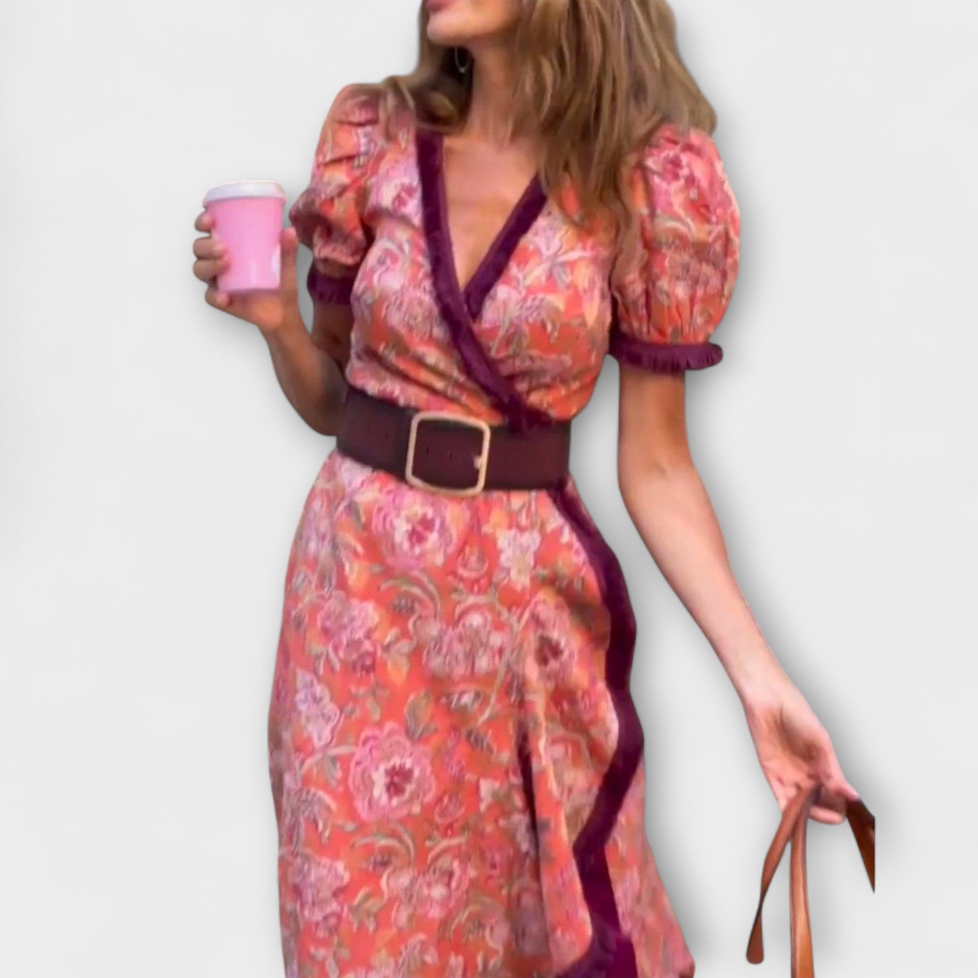 Elegante Abito Maxi Rosa con Maniche Corte