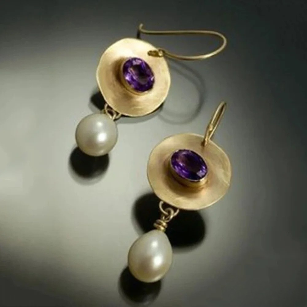 Orecchini Vintage in Oro con Zirconi Viola e Perle