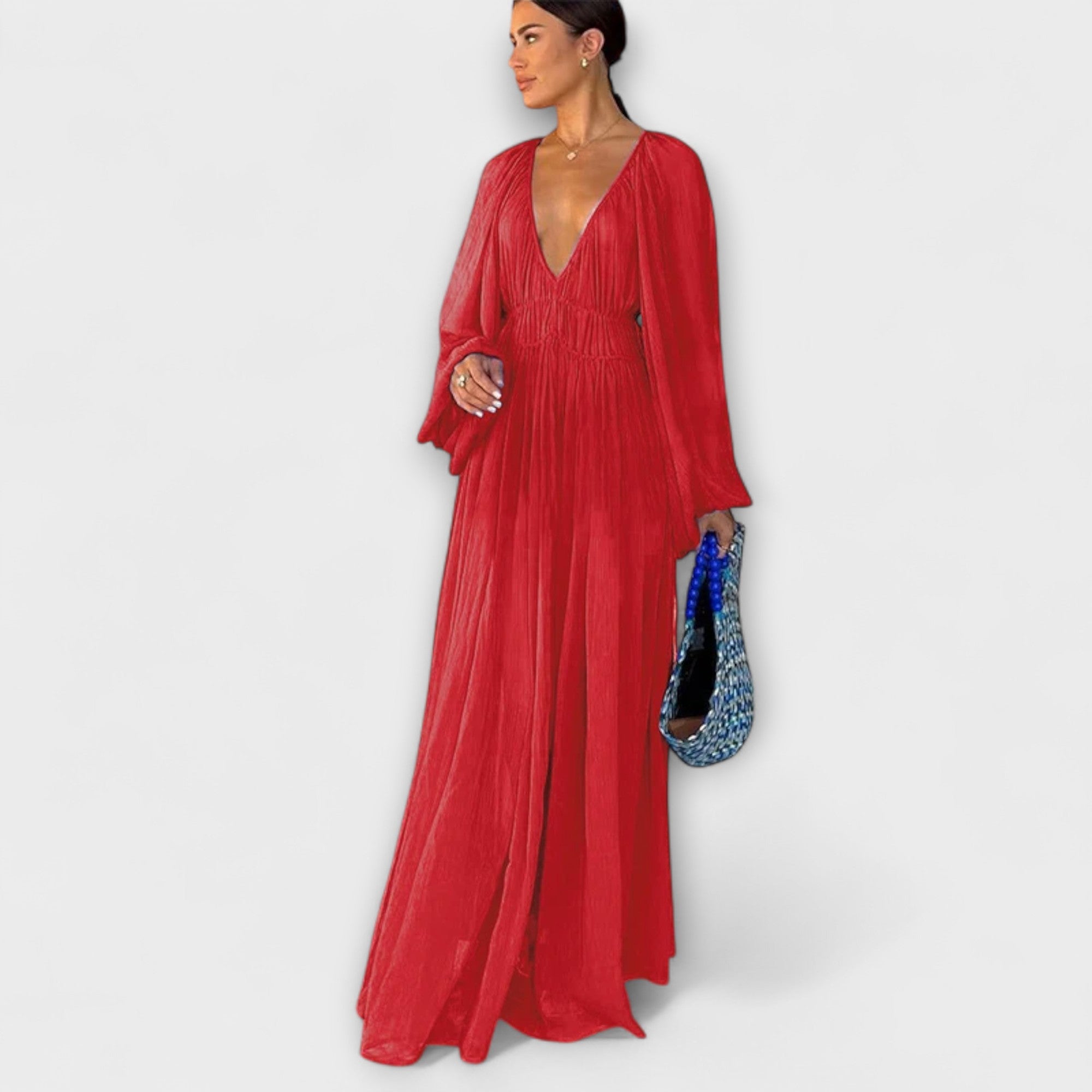 Abito Elegante Plissettato a Maniche Lunghe