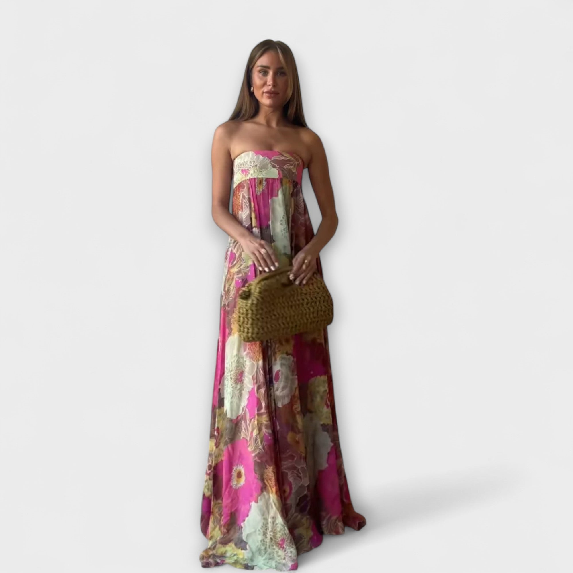 Elegante Abito Maxy Plissettato Senza Spalline