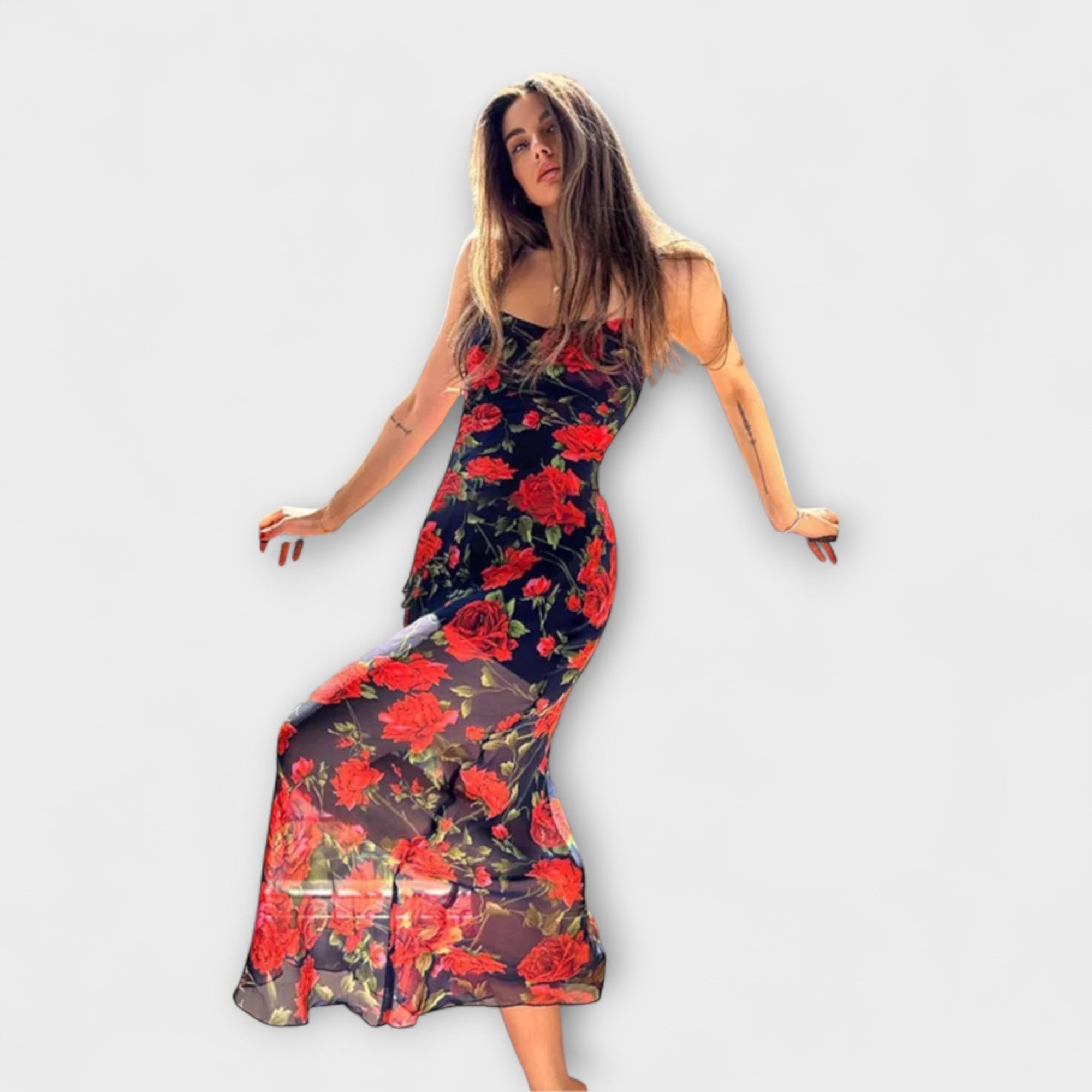 Abito Bodycon con Spalline a Spaghetti con Motivo Floreale