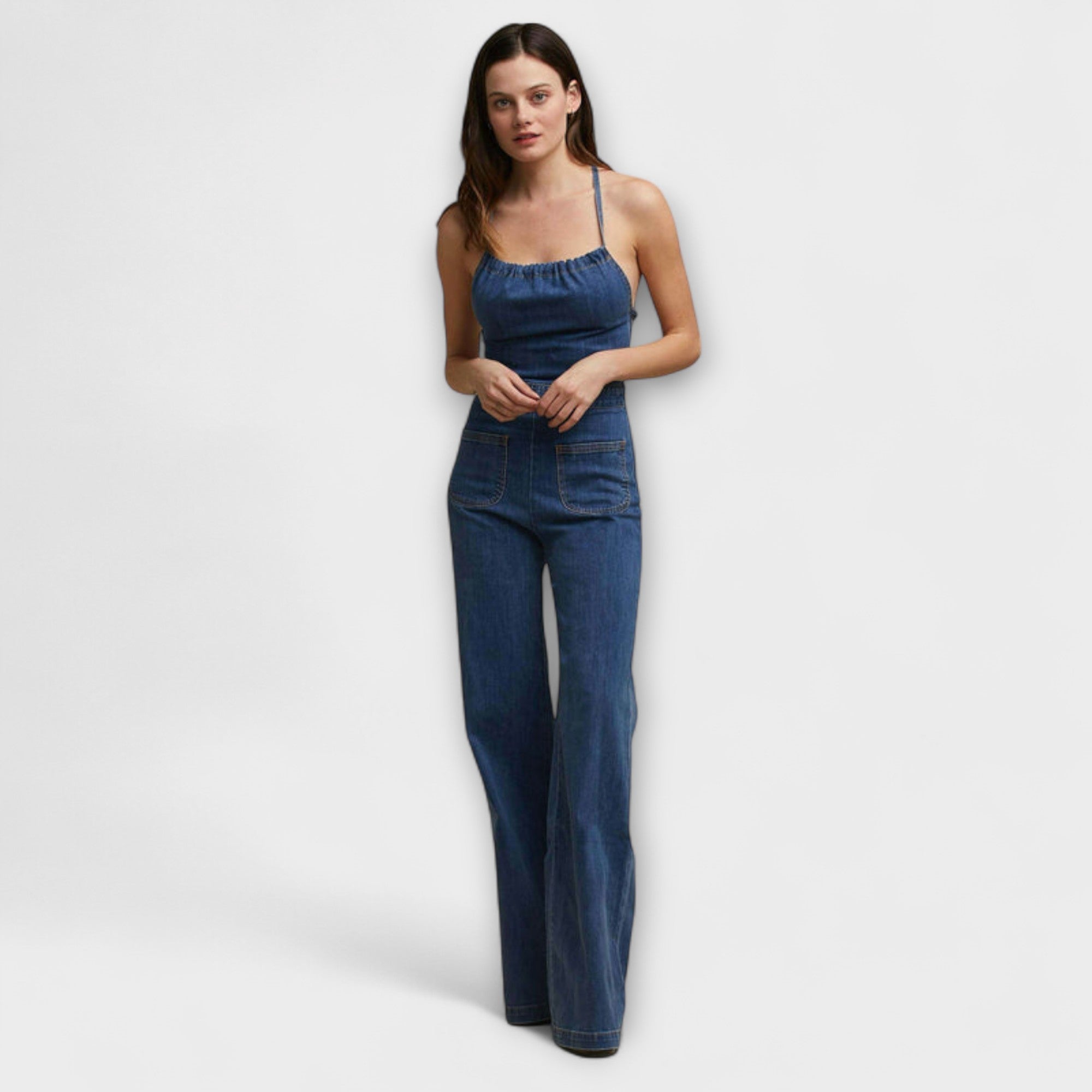 Julie - Tuta in Denim a Zampa con Dettaglio di Lacci
