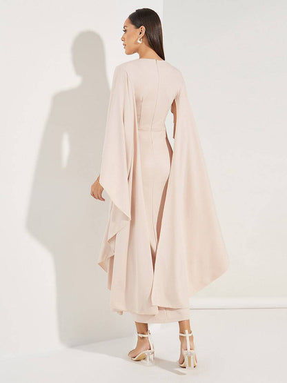 Rachel - Abito midi rosa con scollatura a V e maniche in chiffon
