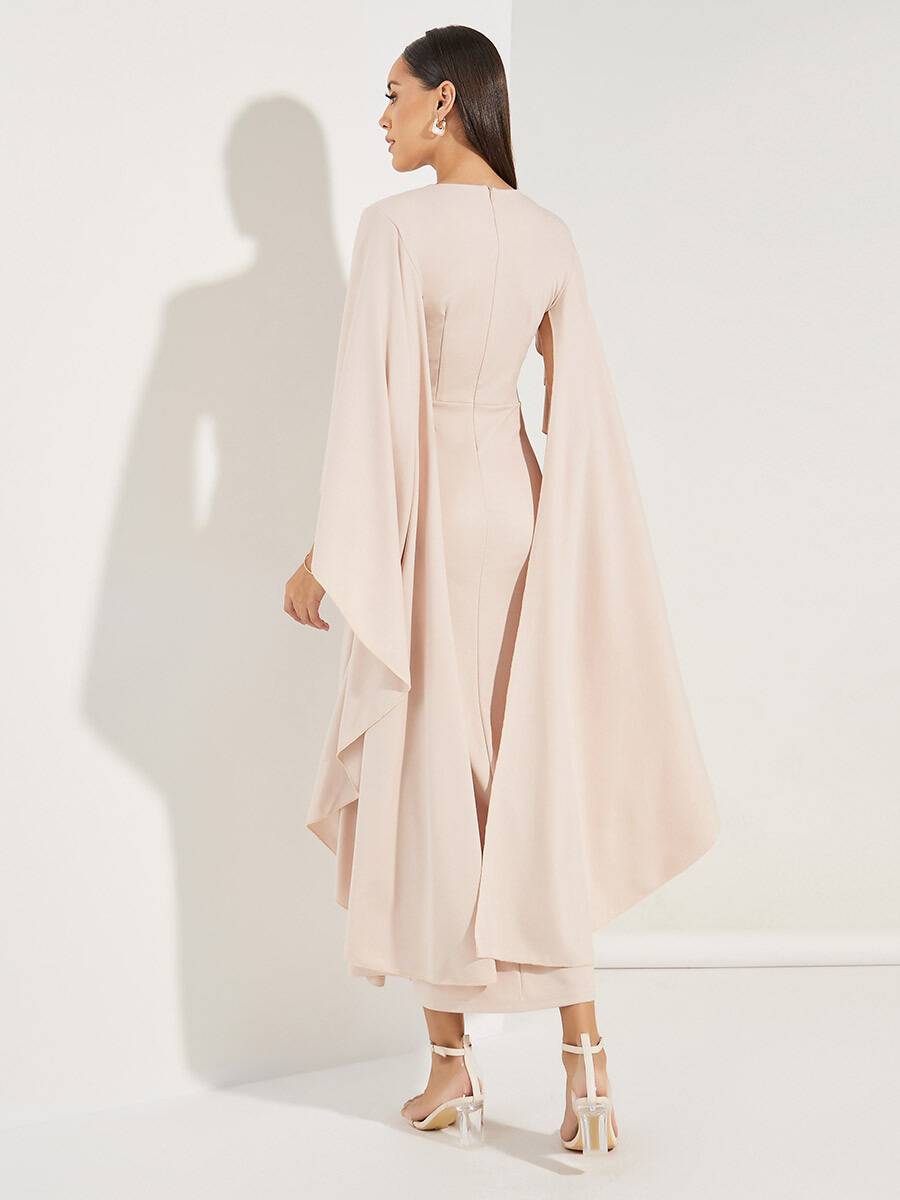Rachel - Abito midi rosa con scollatura a V e maniche in chiffon