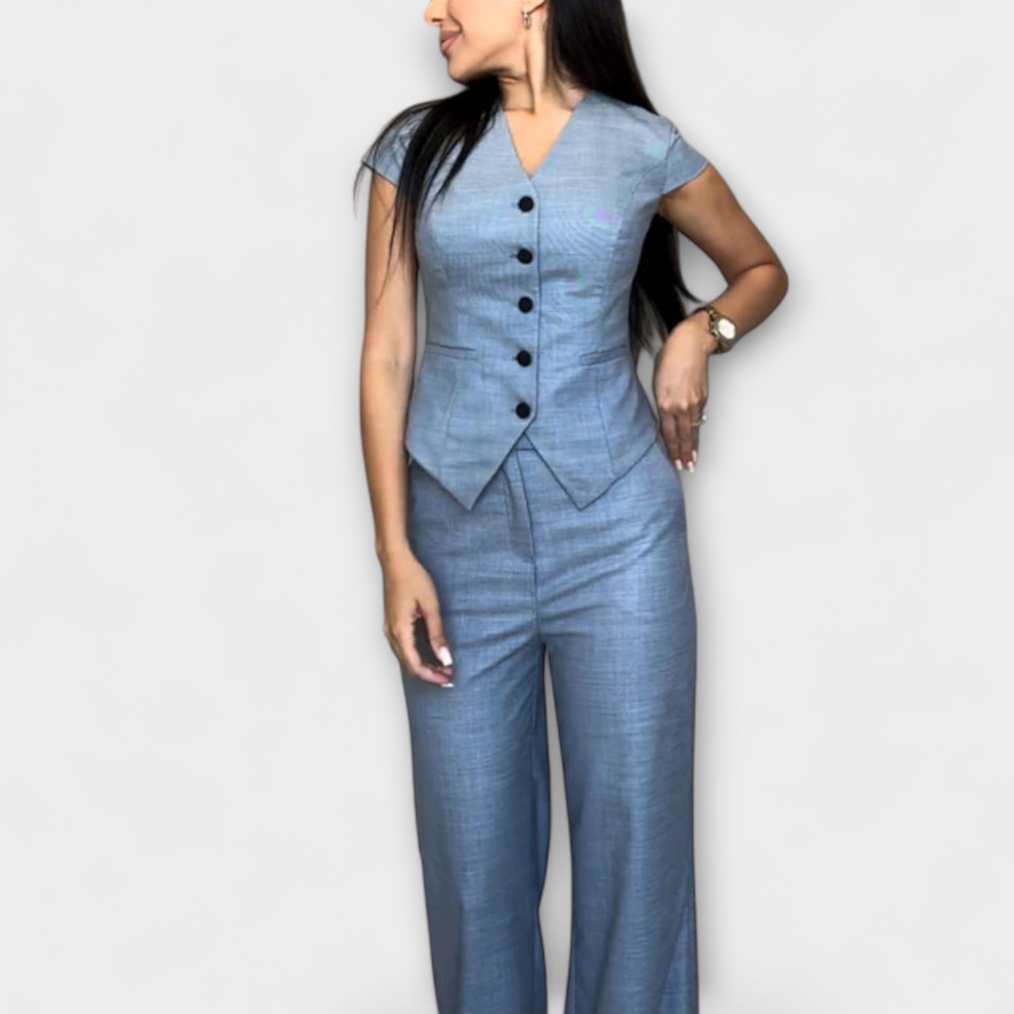 Ivy - Elegante top con scollo a V e set di pantaloni