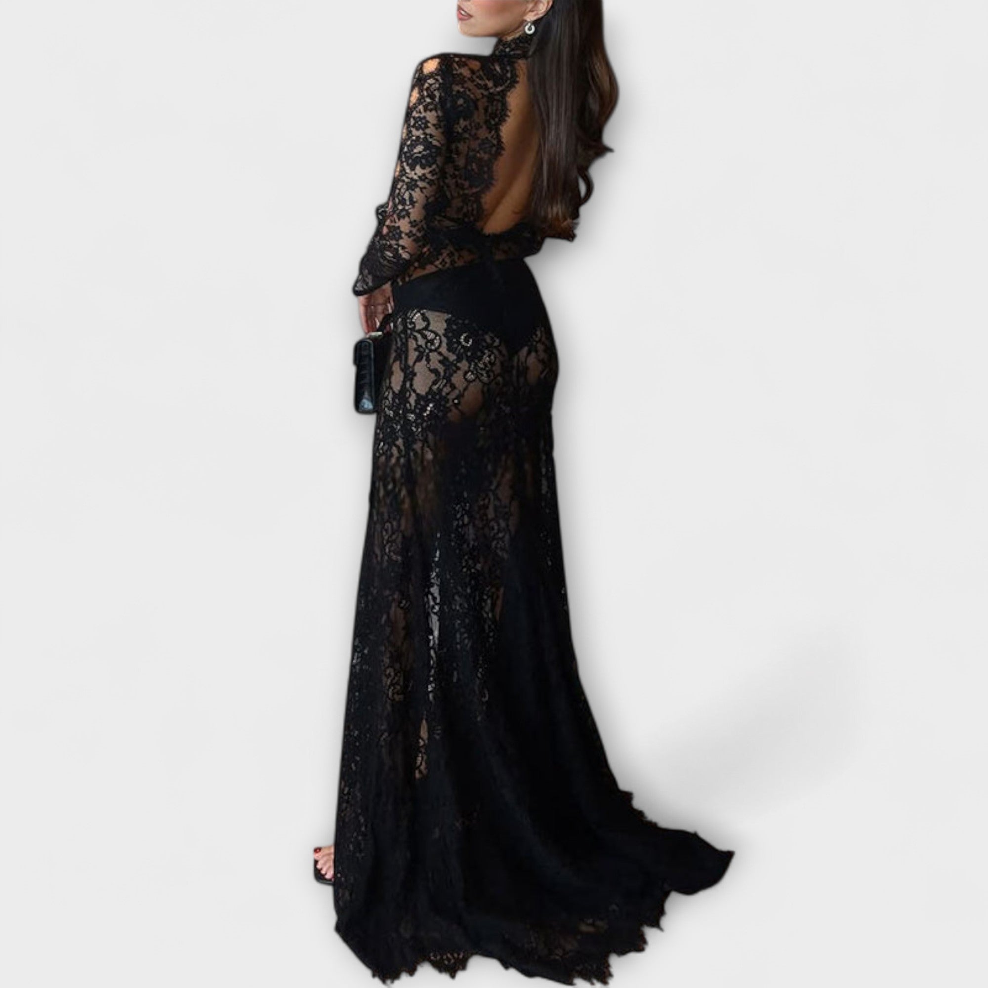 Azalee - Eleganza di Mezzanotte Abito Maxy Trasparente con Cutout a Maniche Lunghe
