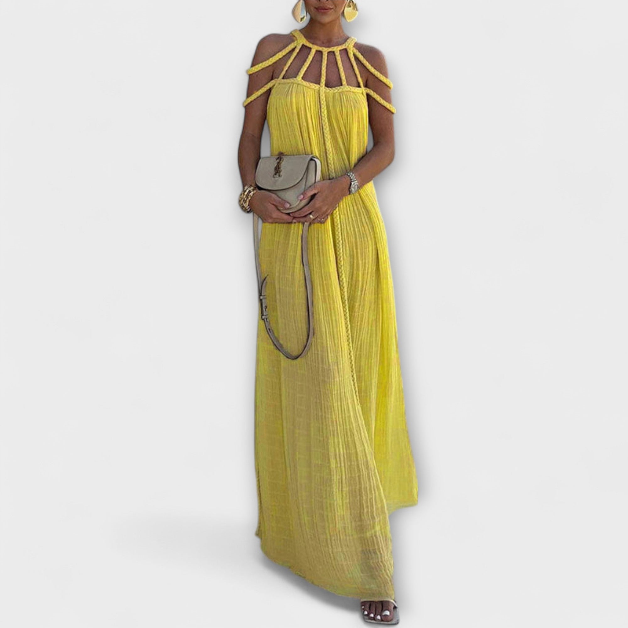 Briar - Un elegante abito maxi in tessuto misto con trecce drappeggiate