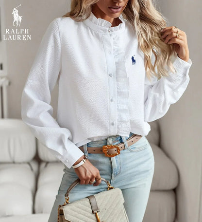 R. Ꮮаᴜгеn Camicia Button-Up con Rouches – Vestibilità Morbida e Testurizzata
