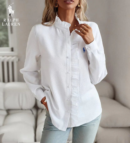 R. Ꮮаᴜгеn Camicia Button-Up con Rouches – Vestibilità Morbida e Testurizzata