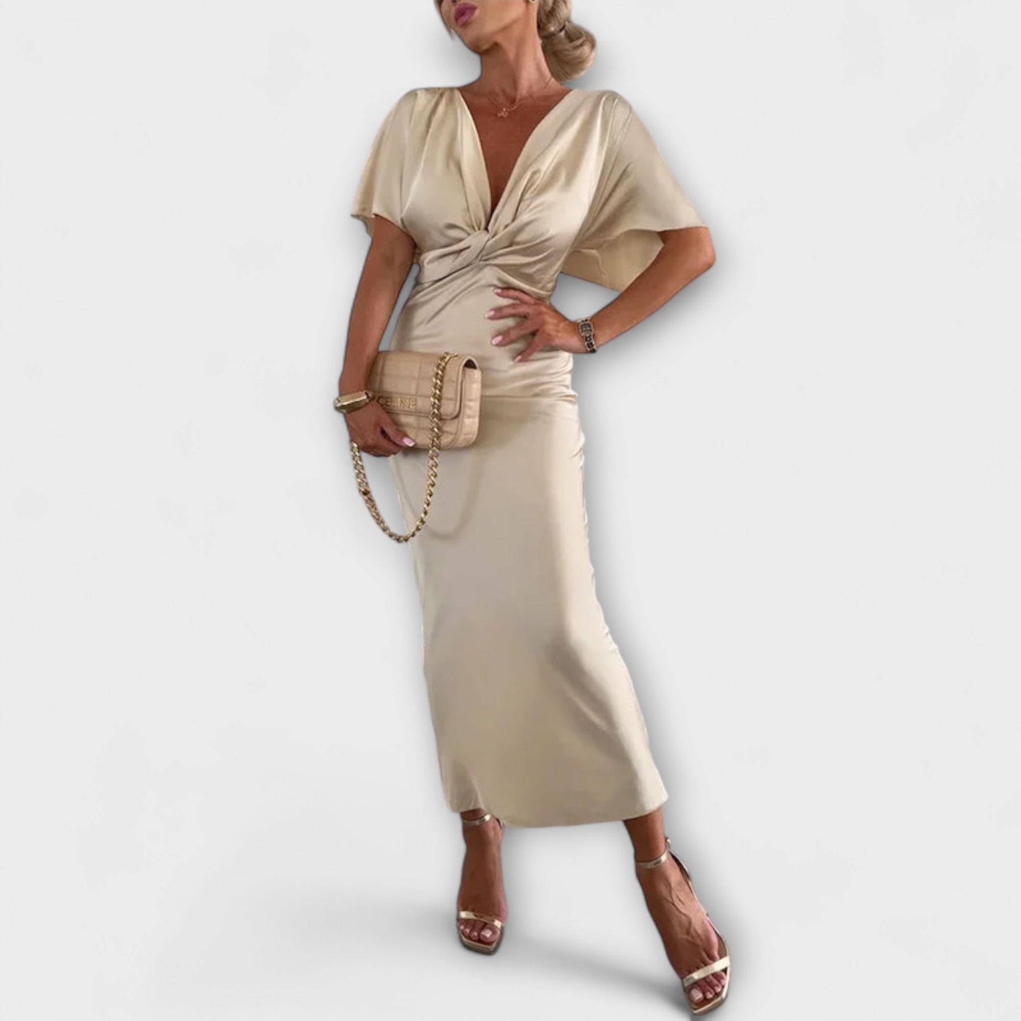 Sable - Abito Maxi Slim Fit in Satin con Scollo a V e Nodo Incrociato