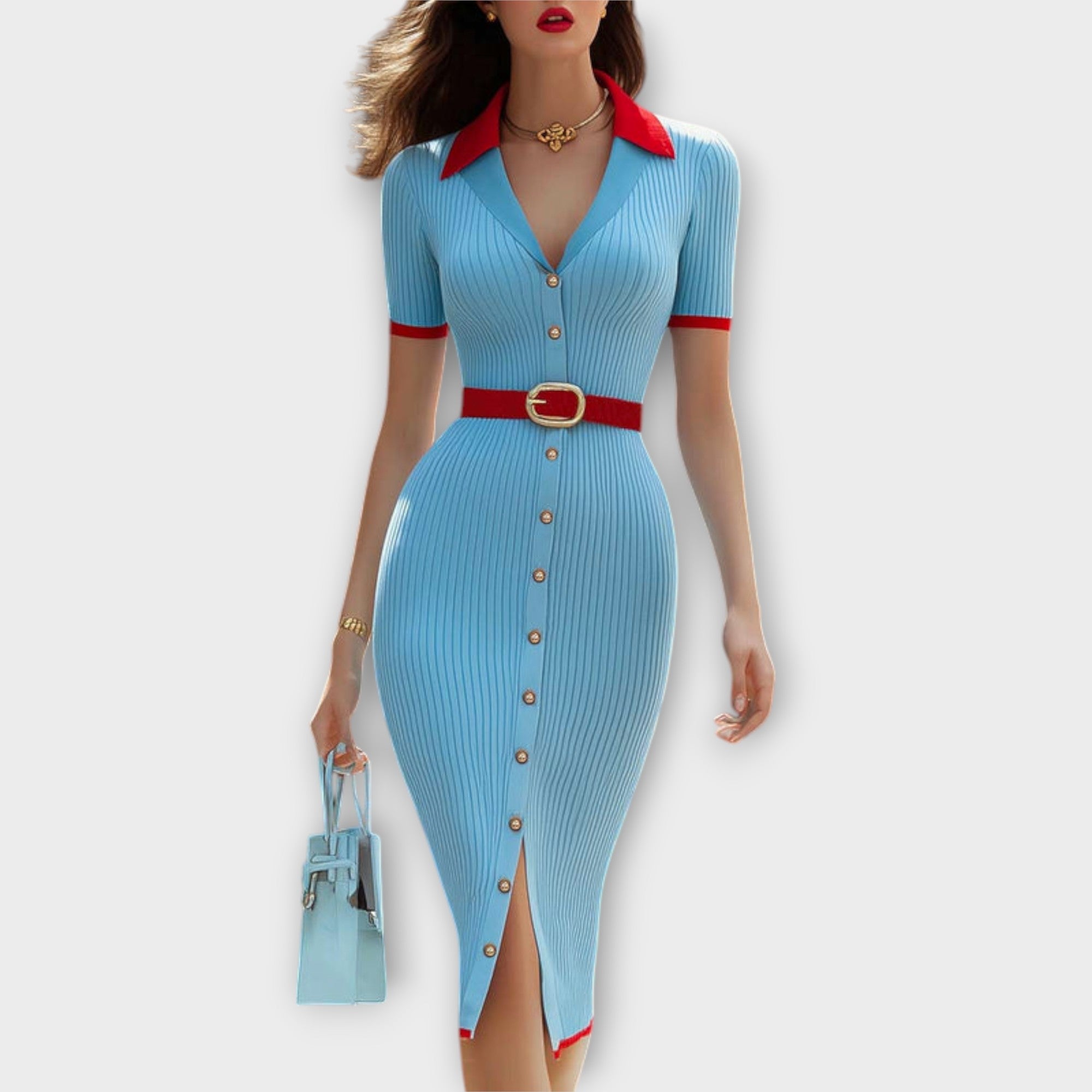 Sina - Elegante Abito a Tubino in Maglia Rippata Blu Baby