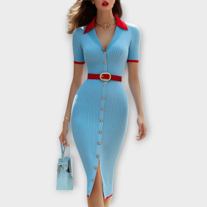 Sina - Elegante Abito a Tubino in Maglia Rippata Blu Baby