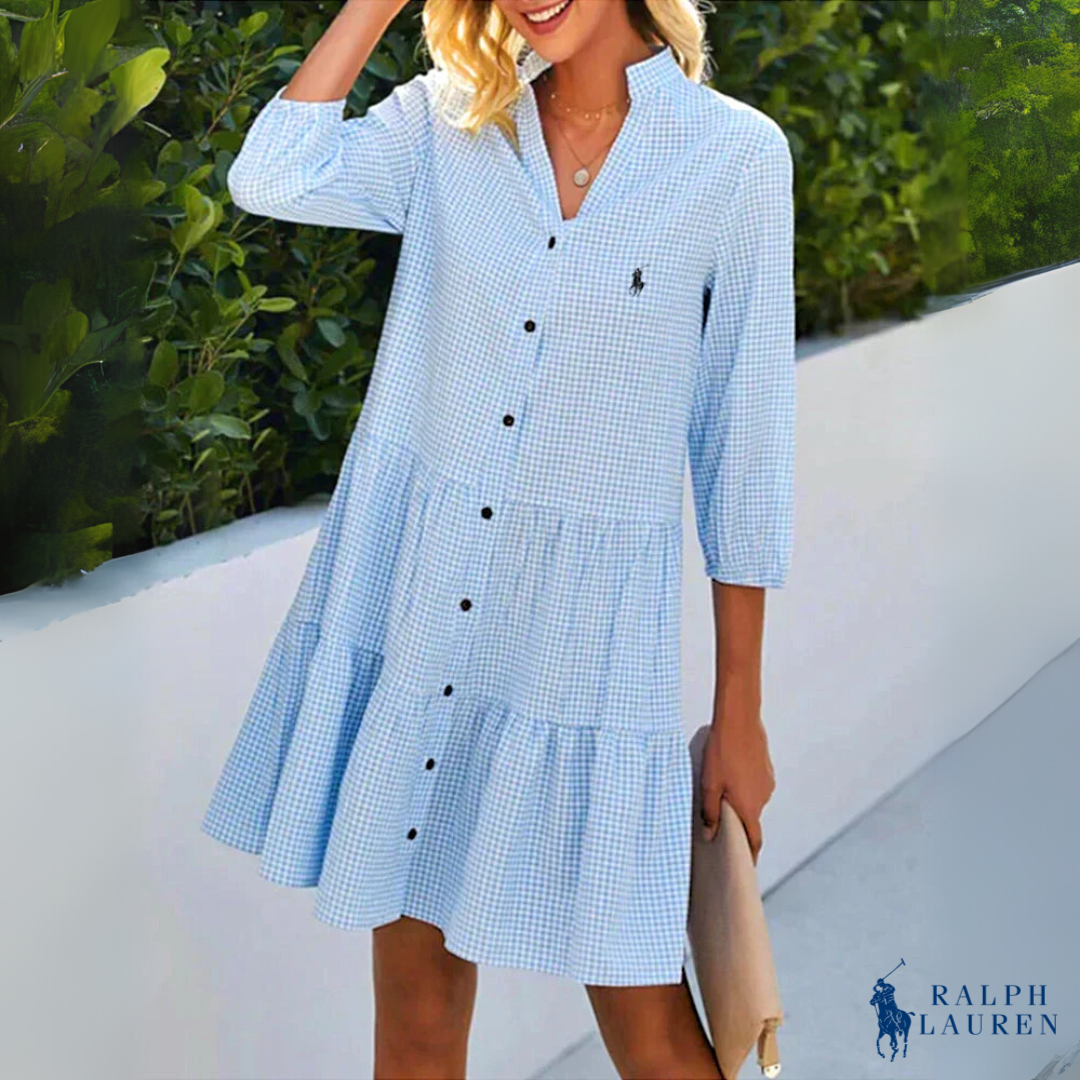 Abito Estivo Chemise Gingham con Scollatura a V e Bottoni di R. Ꮮаᴜгеn + Cappello da Sole R. Ꮮаᴜгеn in Omaggio