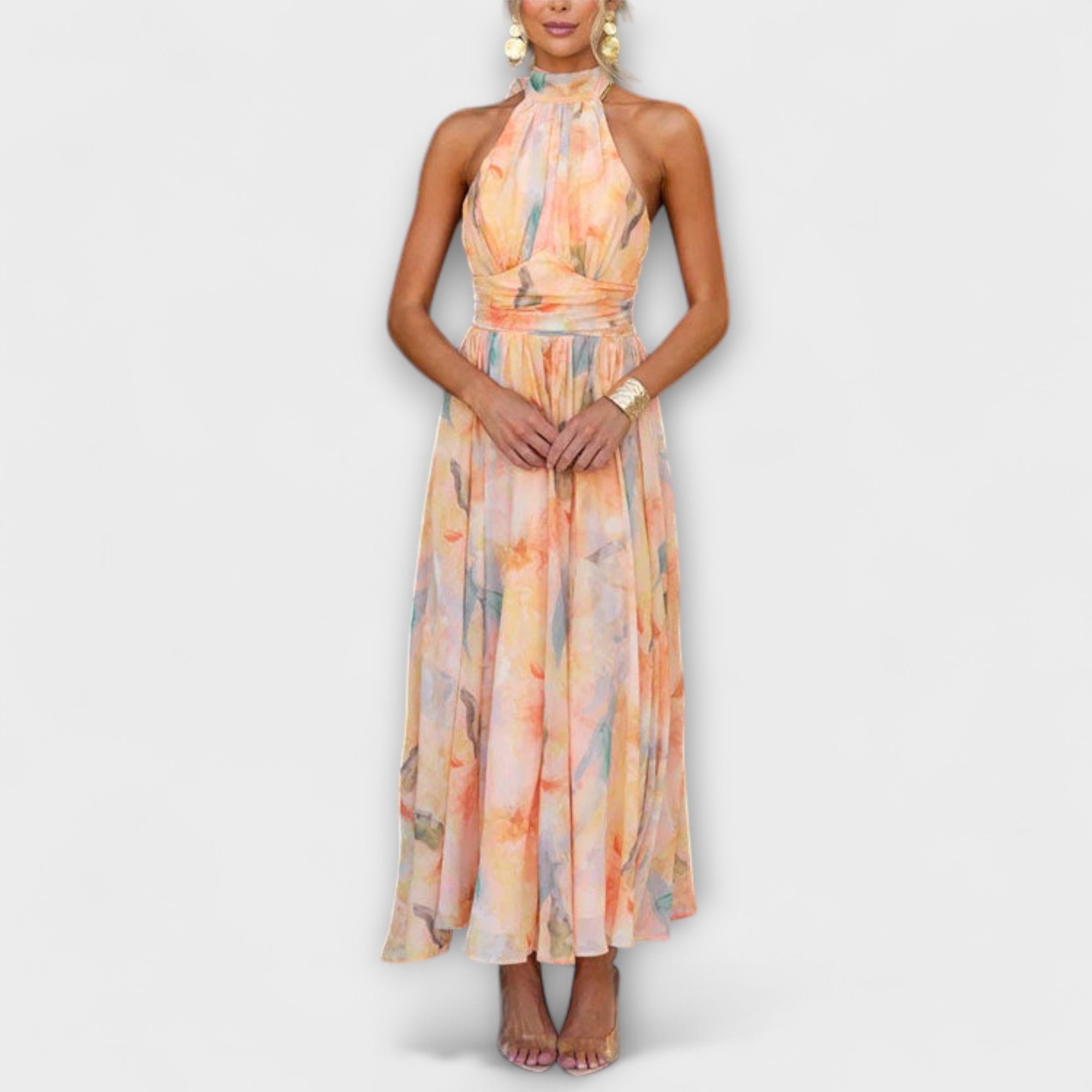 Abito Maxi con Stampa Acquerello a Scollo Halter
