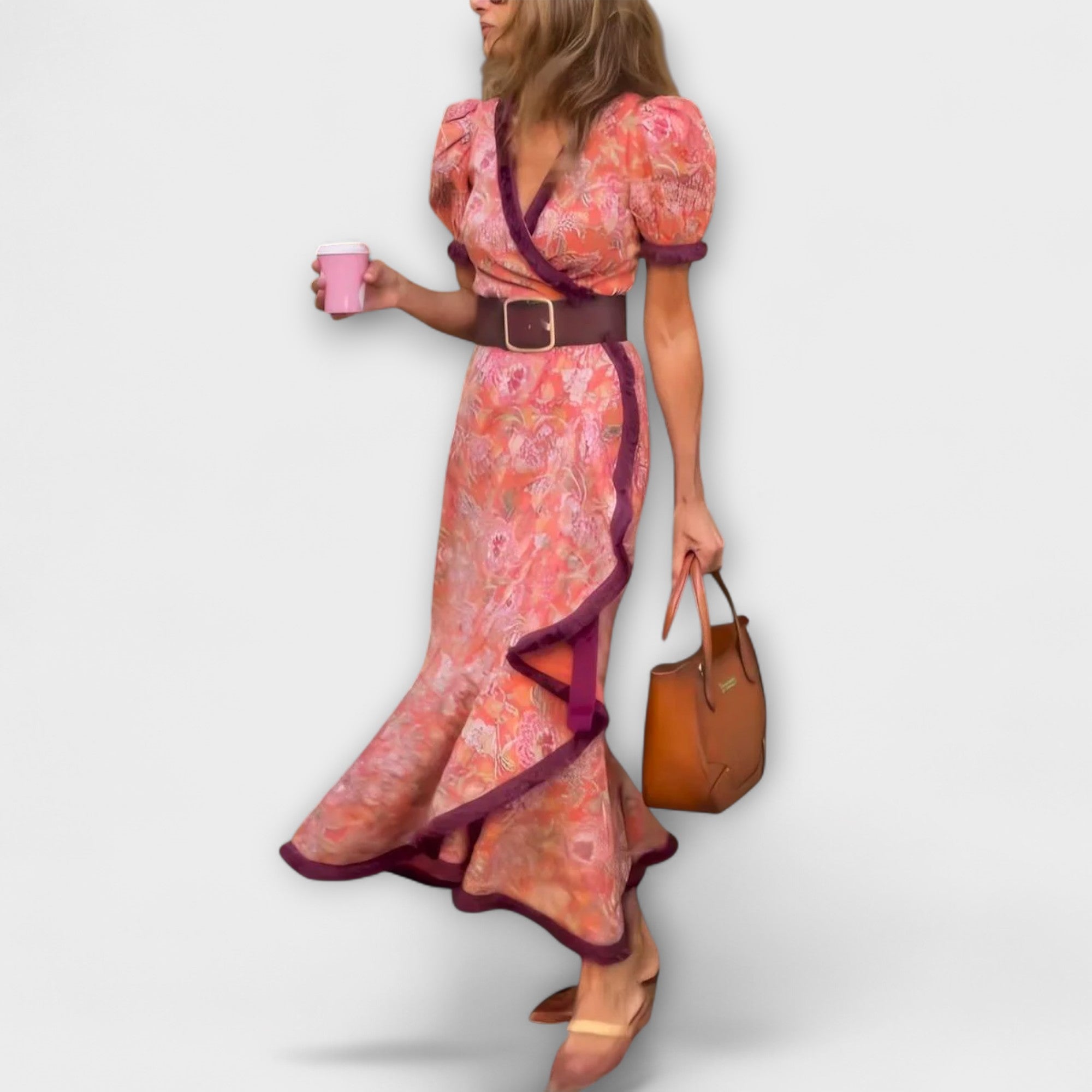Elegante Abito Maxi Rosa con Maniche Corte
