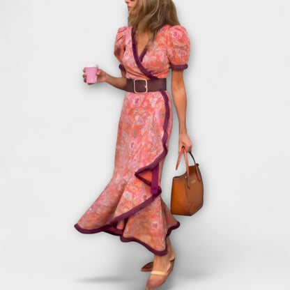 Elegante Abito Maxi Rosa con Maniche Corte