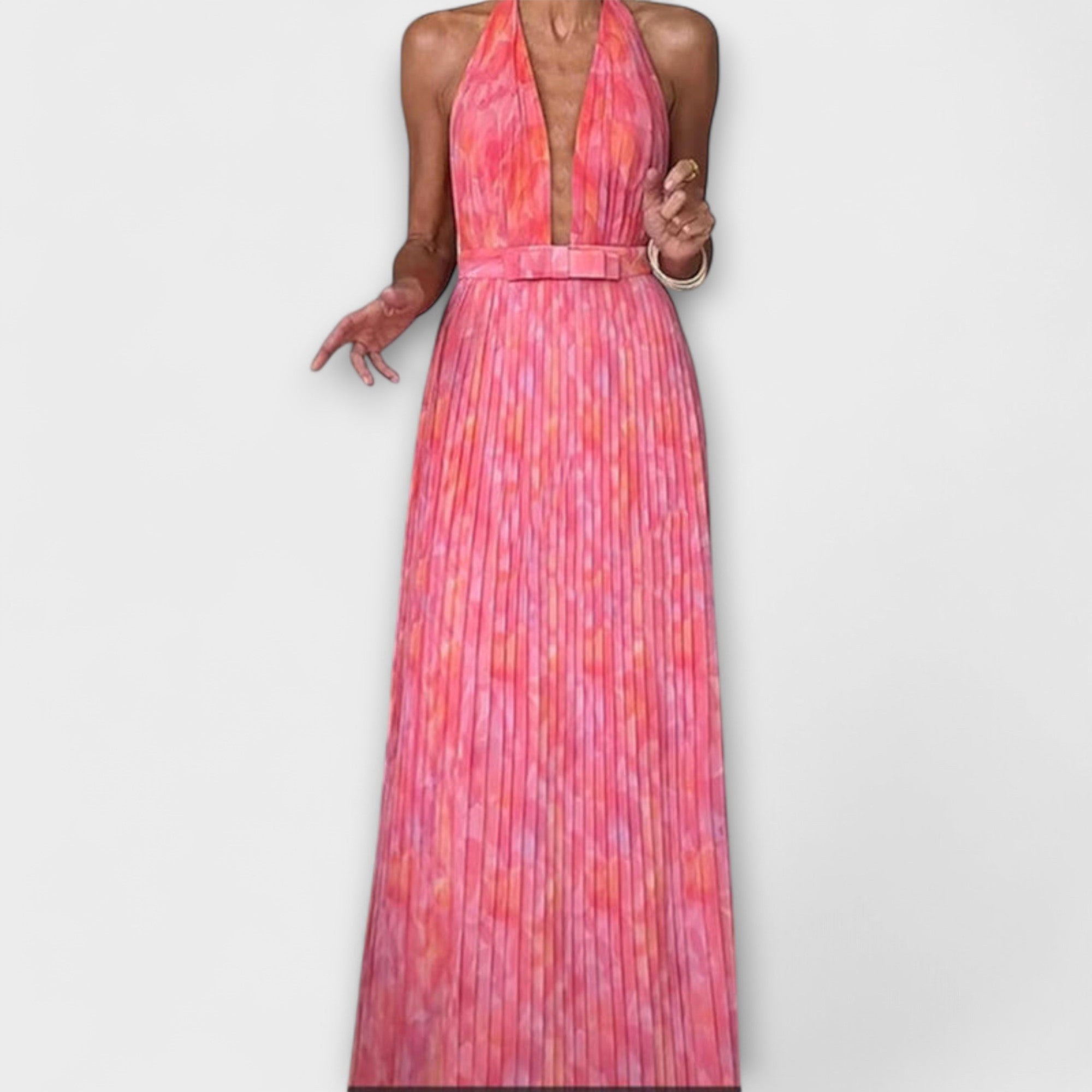 Seraphina - Elegante Abito Maxy Plissettato con Scollo a V e Spalle Scoperte