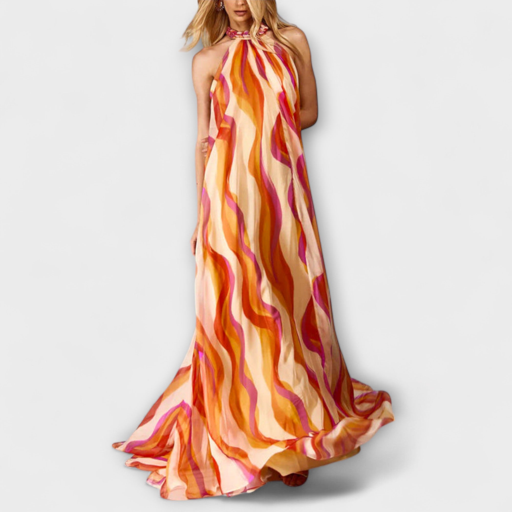 Rumi - Elegante abito maxi intrecciato con motivo a onde