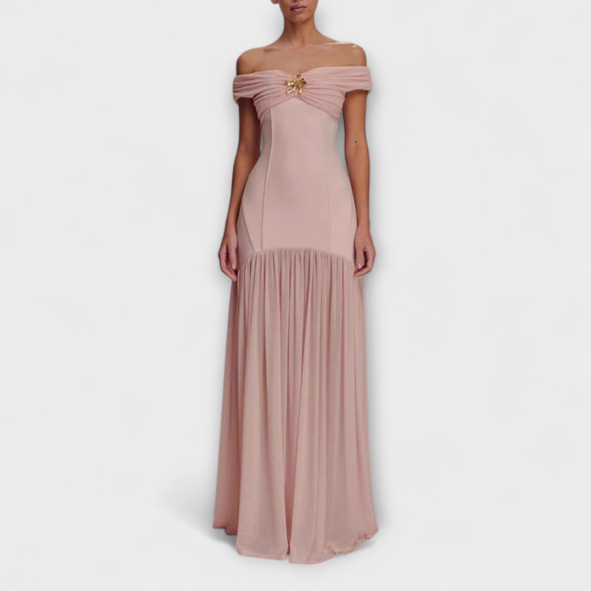 Maelie - Elegante abito maxidress bodycon senza spalline con decorazioni floreali