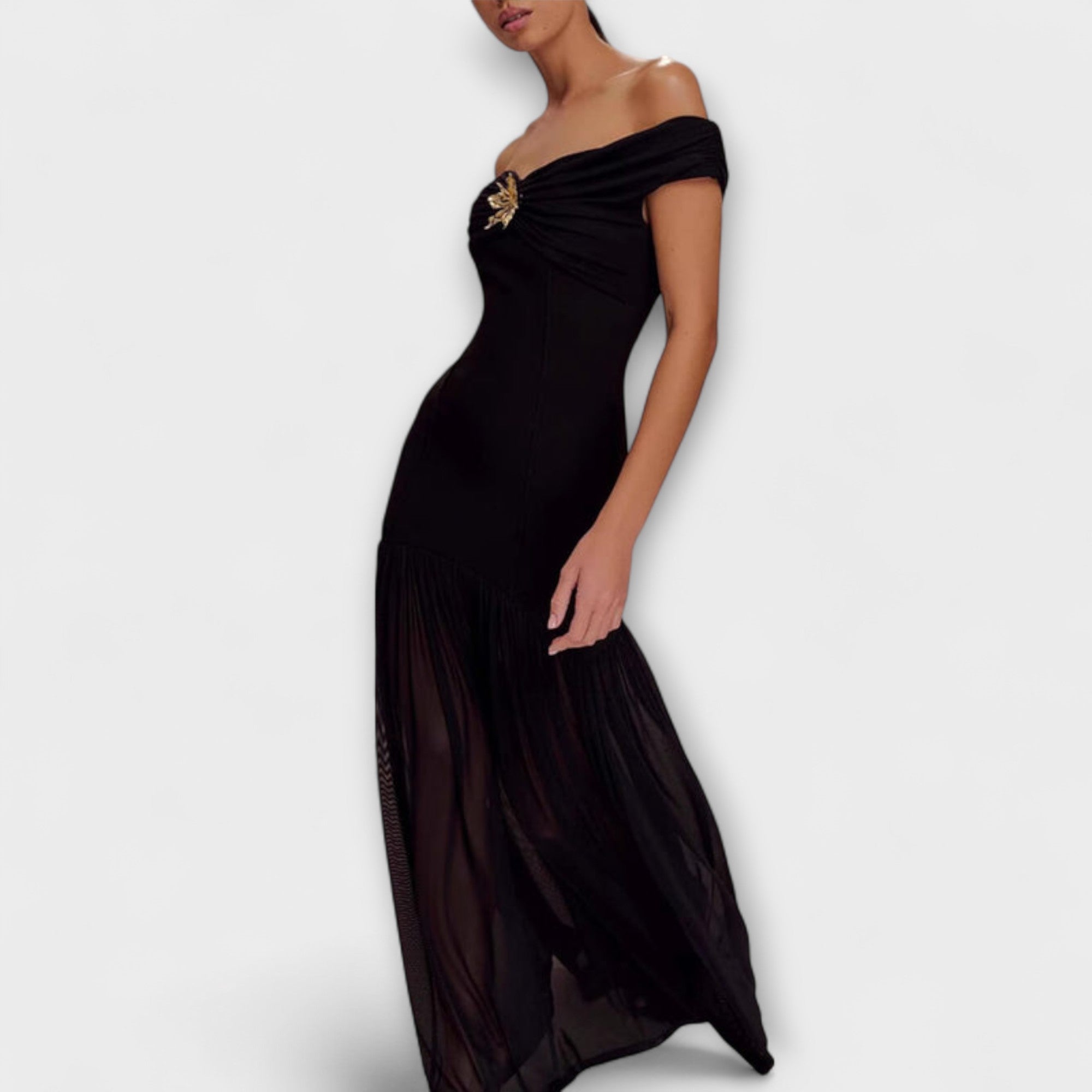 Maelie - Elegante abito maxidress bodycon senza spalline con decorazioni floreali