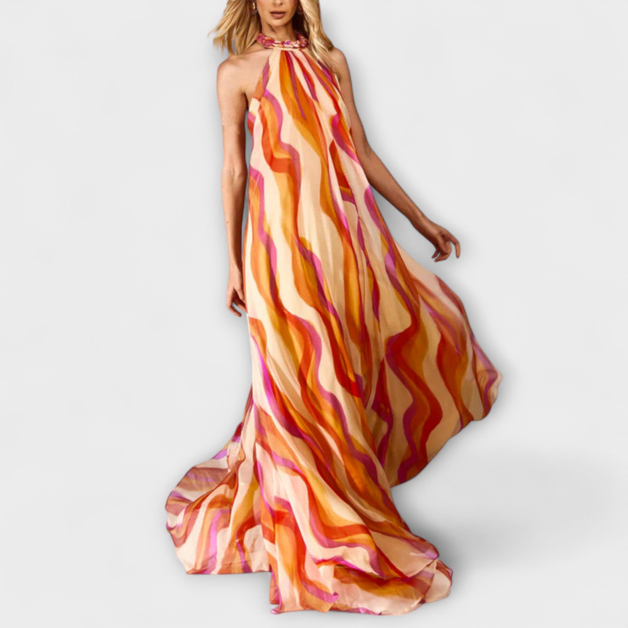 Rumi - Elegante abito maxi intrecciato con motivo a onde