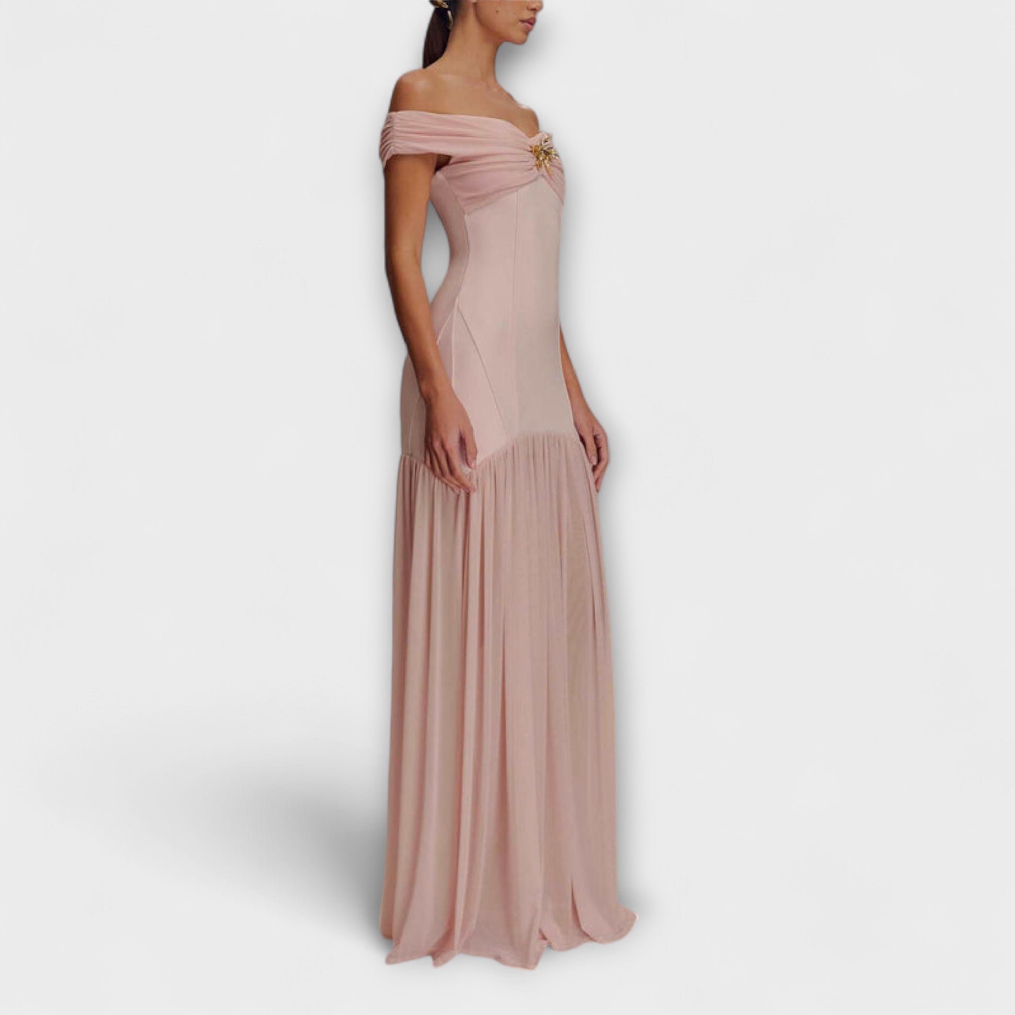 Maelie - Elegante abito maxidress bodycon senza spalline con decorazioni floreali