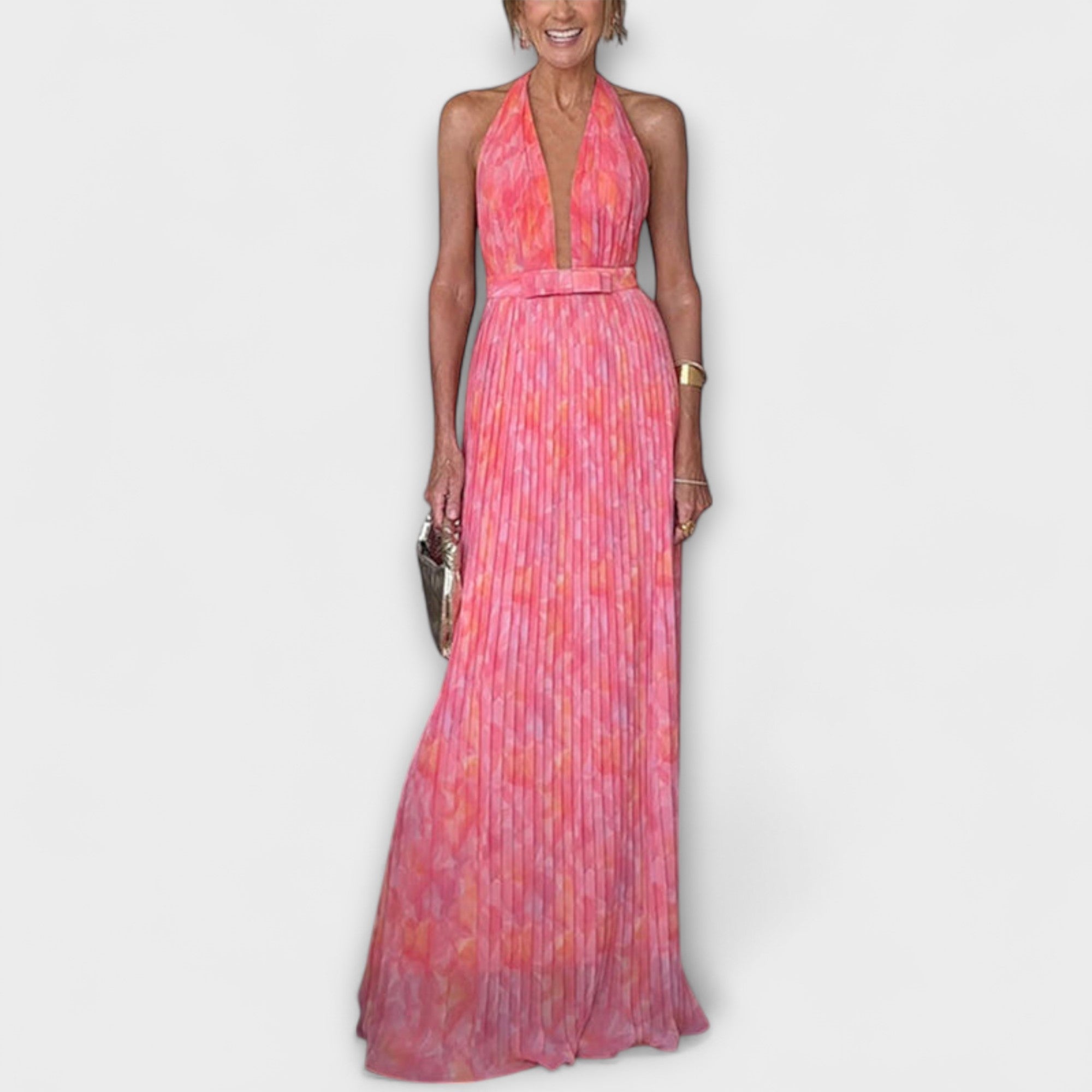 Seraphina - Elegante Abito Maxy Plissettato con Scollo a V e Spalle Scoperte