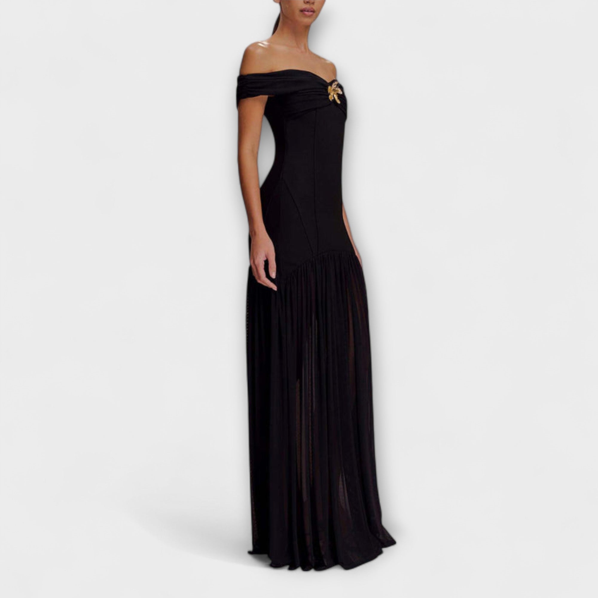 Maelie - Elegante abito maxidress bodycon senza spalline con decorazioni floreali