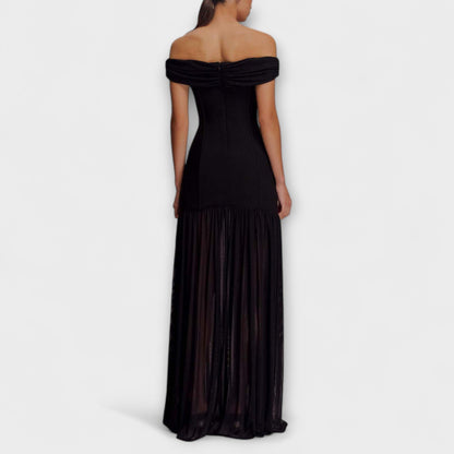 Maelie - Elegante abito maxidress bodycon senza spalline con decorazioni floreali