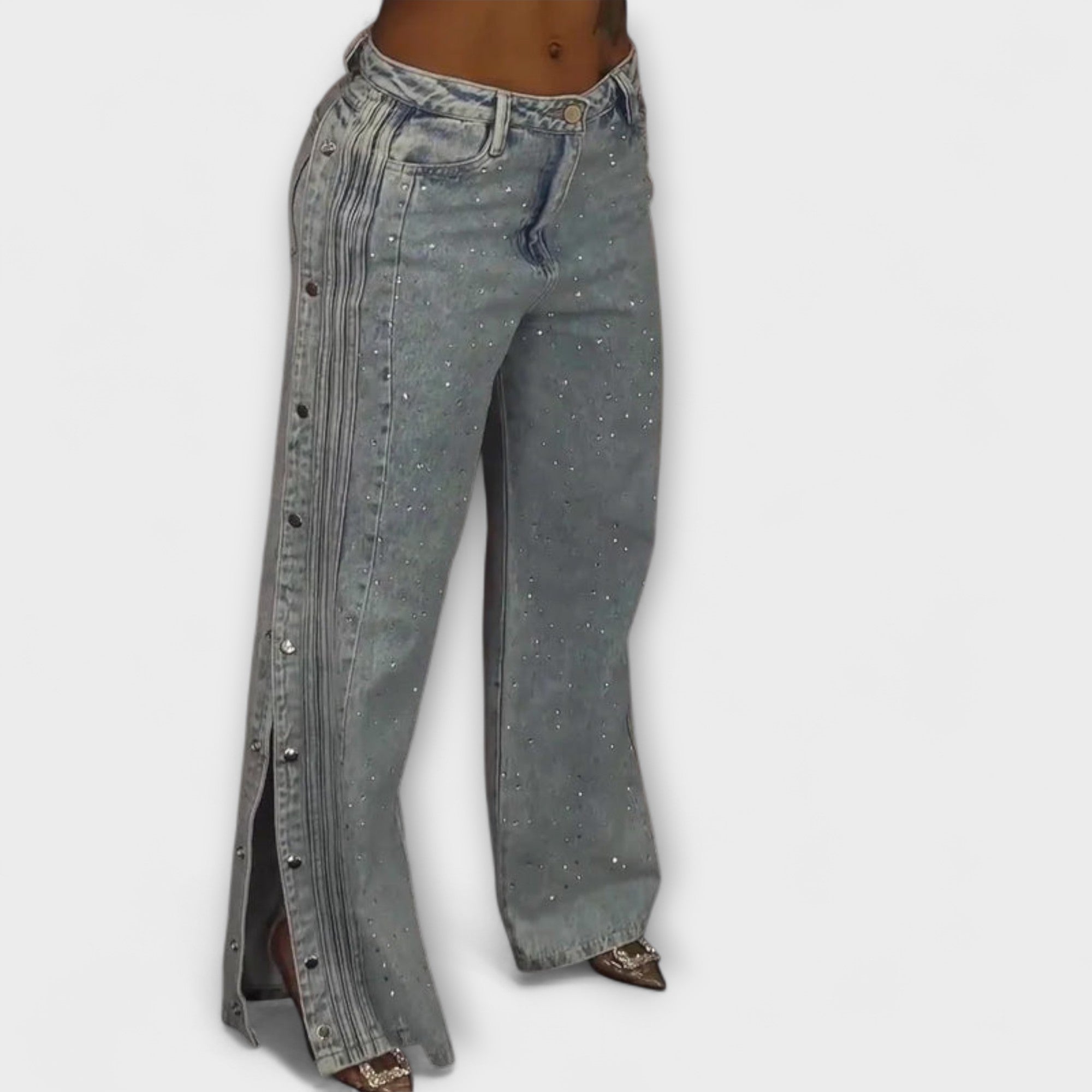Nola - Jeans a vita alta decorati con strass e bottoni laterali