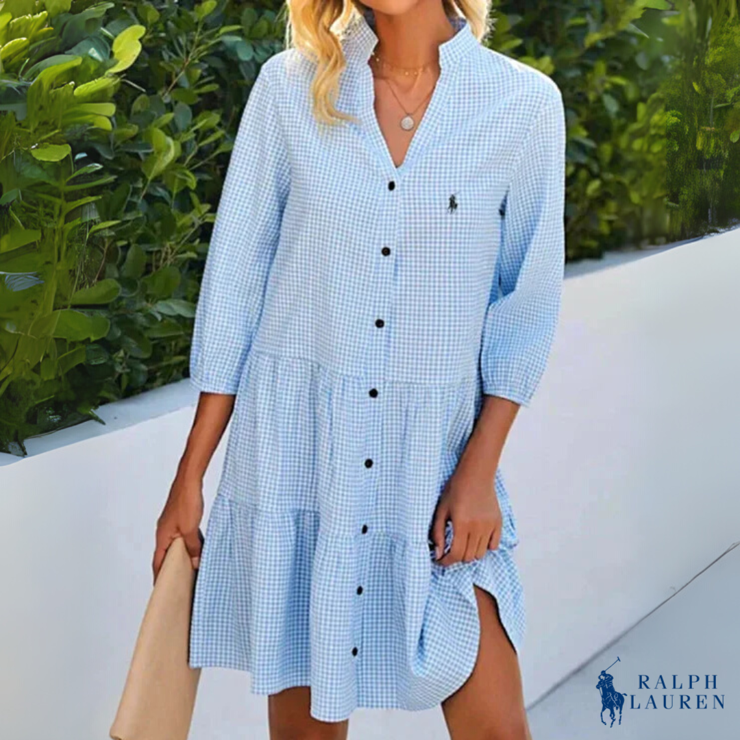 Abito Estivo Chemise Gingham con Scollatura a V e Bottoni di R. Ꮮаᴜгеn + Cappello da Sole R. Ꮮаᴜгеn in Omaggio
