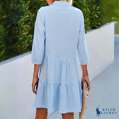 Abito Estivo Chemise Gingham con Scollatura a V e Bottoni di R. Ꮮаᴜгеn + Cappello da Sole R. Ꮮаᴜгеn in Omaggio