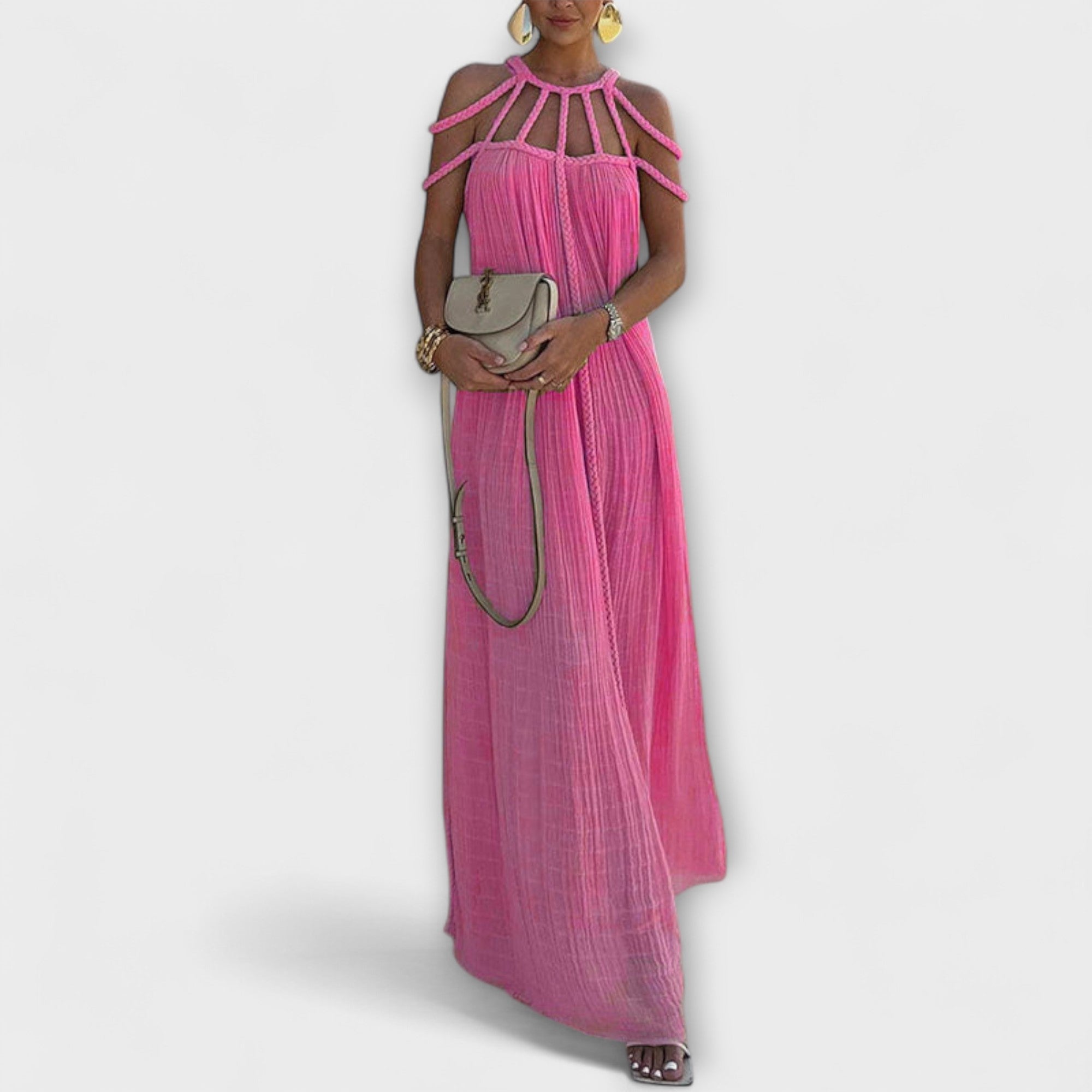 Briar - Un elegante abito maxi in tessuto misto con trecce drappeggiate