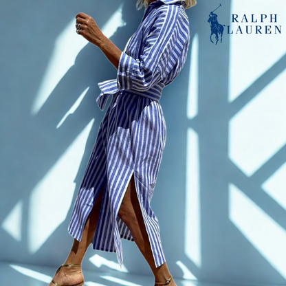 R. Ꮮаᴜгеn Abito Camicia a Strisce con Vita Regolabile