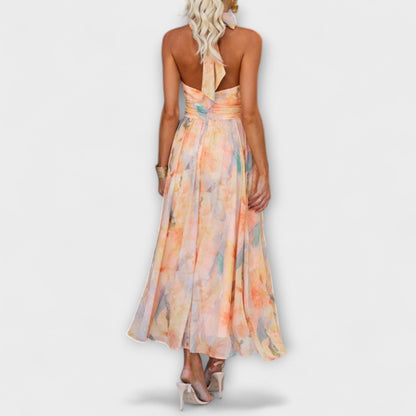 Abito Maxi con Stampa Acquerello a Scollo Halter