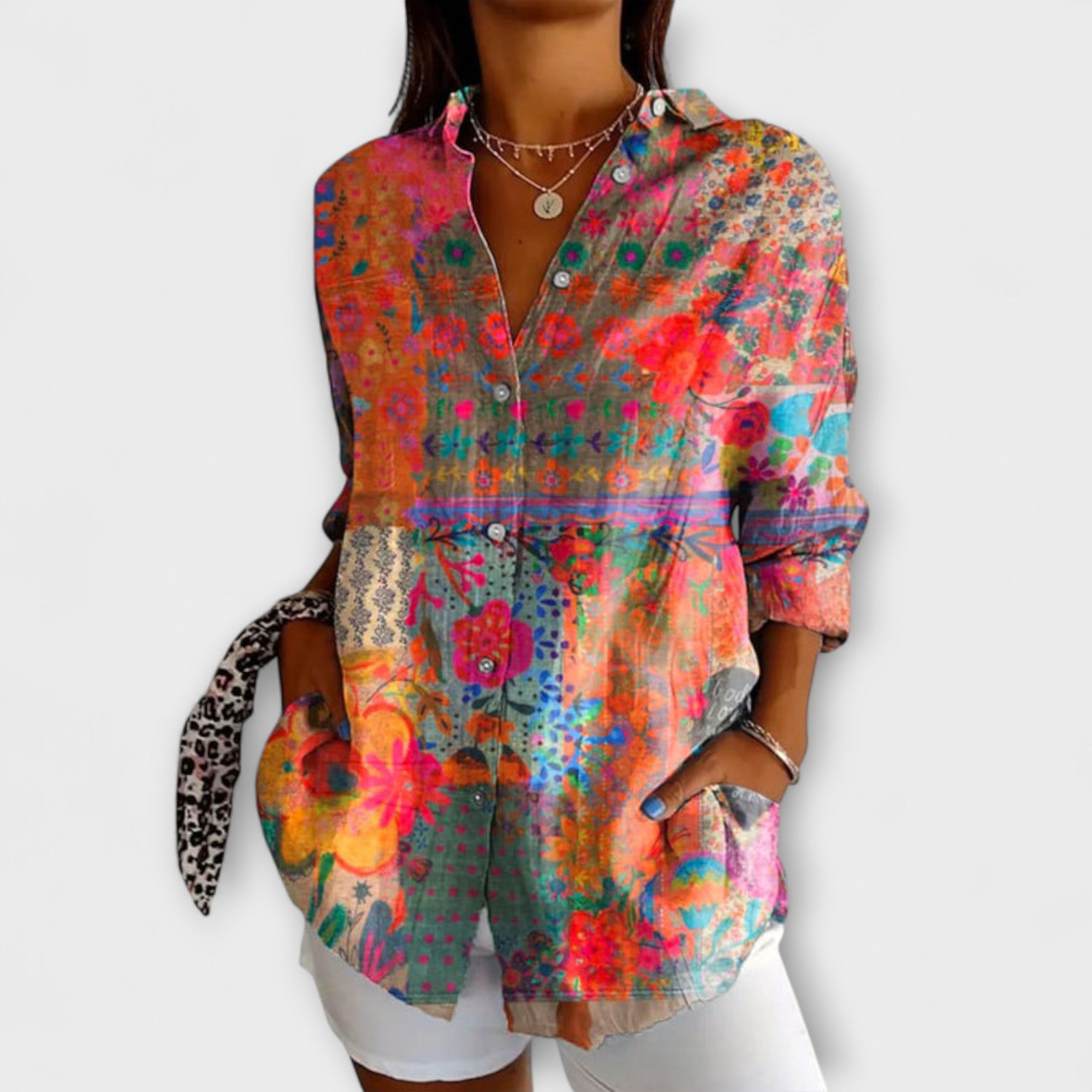 Camicia da Donna con Motivo Floreale e Maniche Lunghe