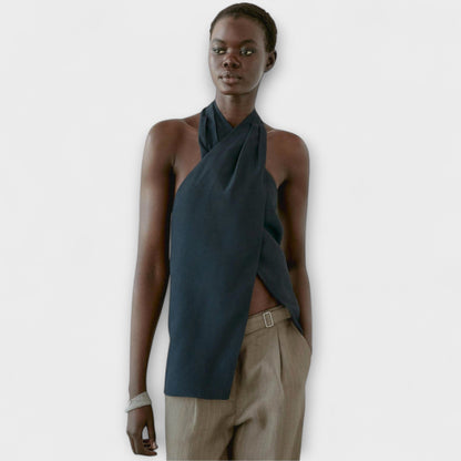 Hannah - Top blu con collo a halter e scollo sulla schiena