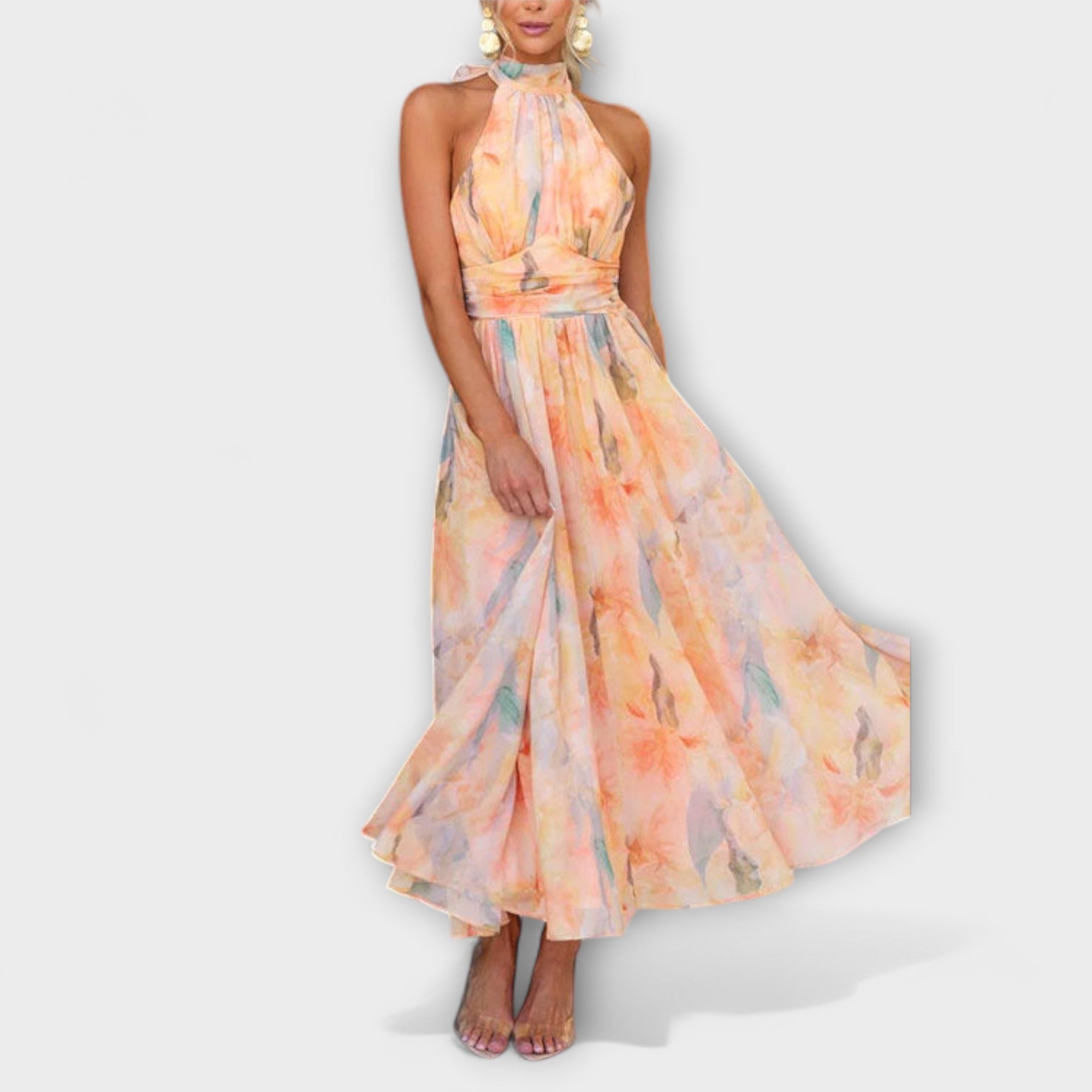 Abito Maxi con Stampa Acquerello a Scollo Halter