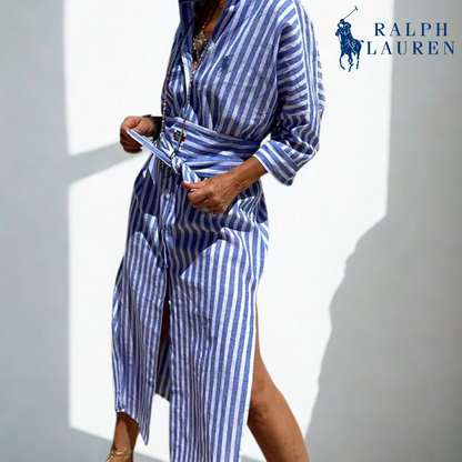 R. Ꮮаᴜгеn Abito Camicia a Strisce con Vita Regolabile