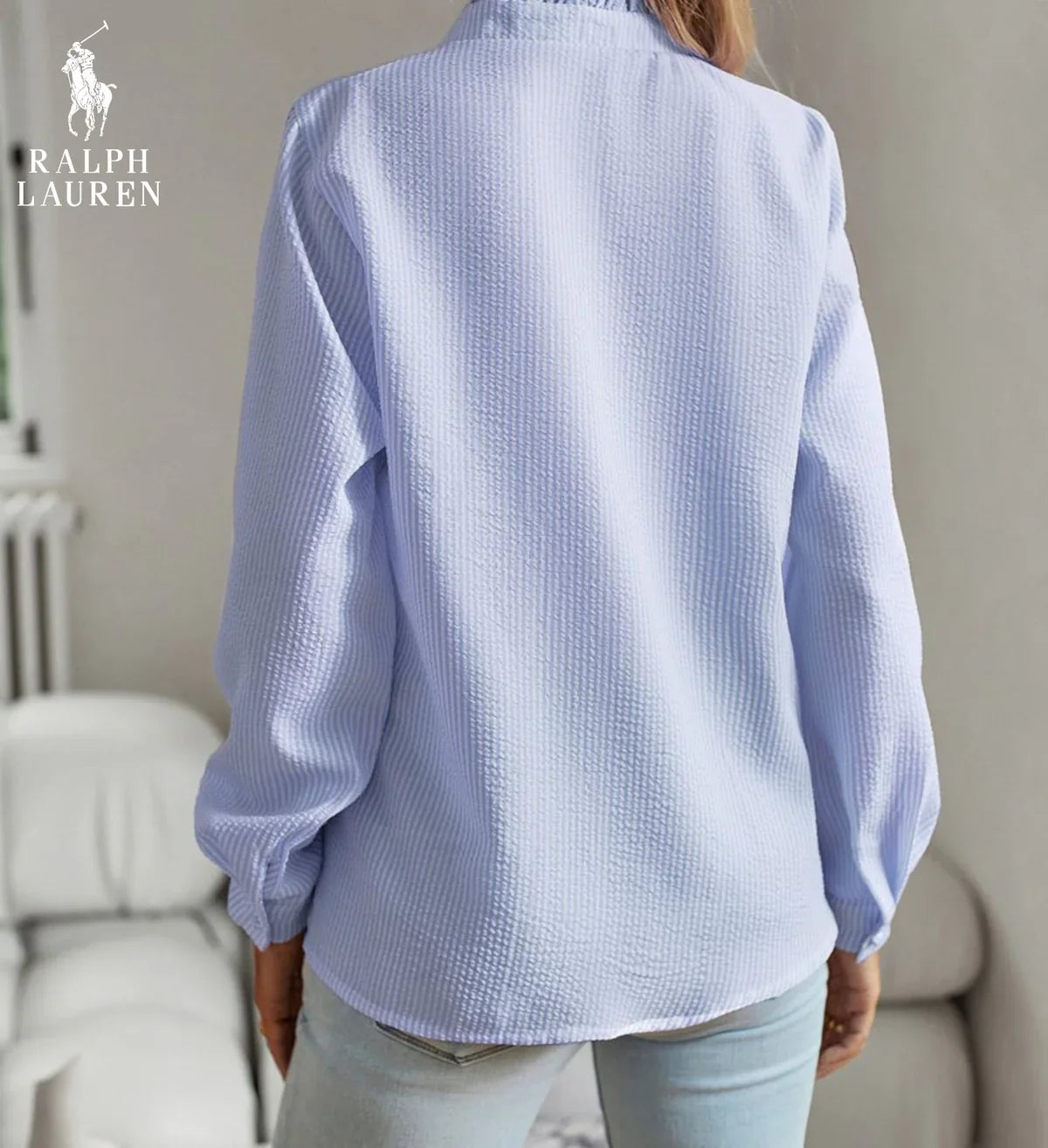 R. Ꮮаᴜгеn Camicia Button-Up con Rouches – Vestibilità Morbida e Testurizzata