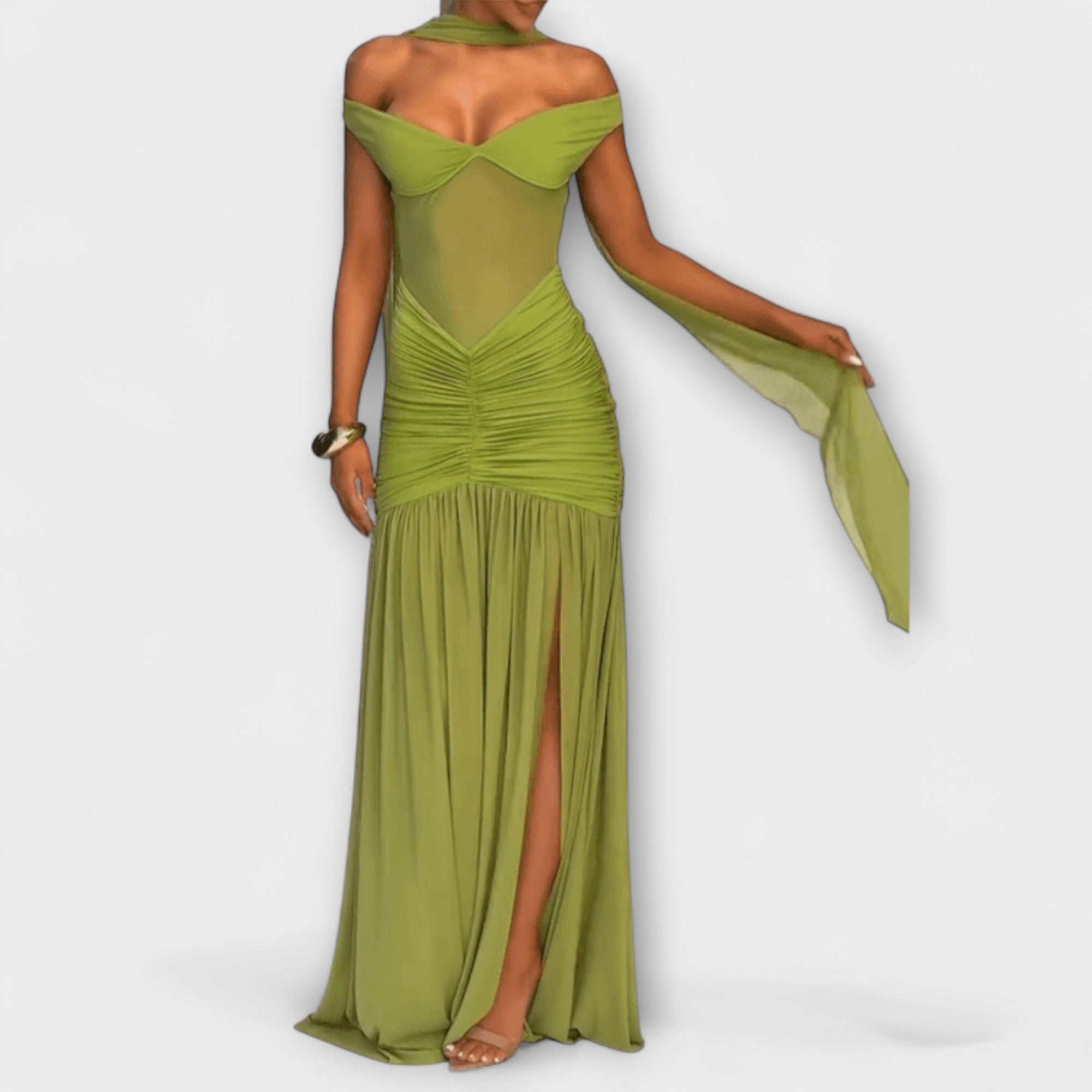 Nicole - Abito Maxy con scollatura a V color oliva