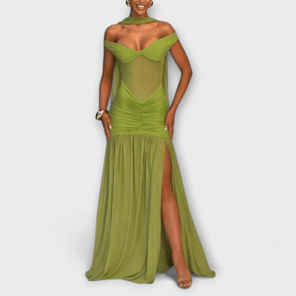 Nicole - Abito Maxy con scollatura a V color oliva