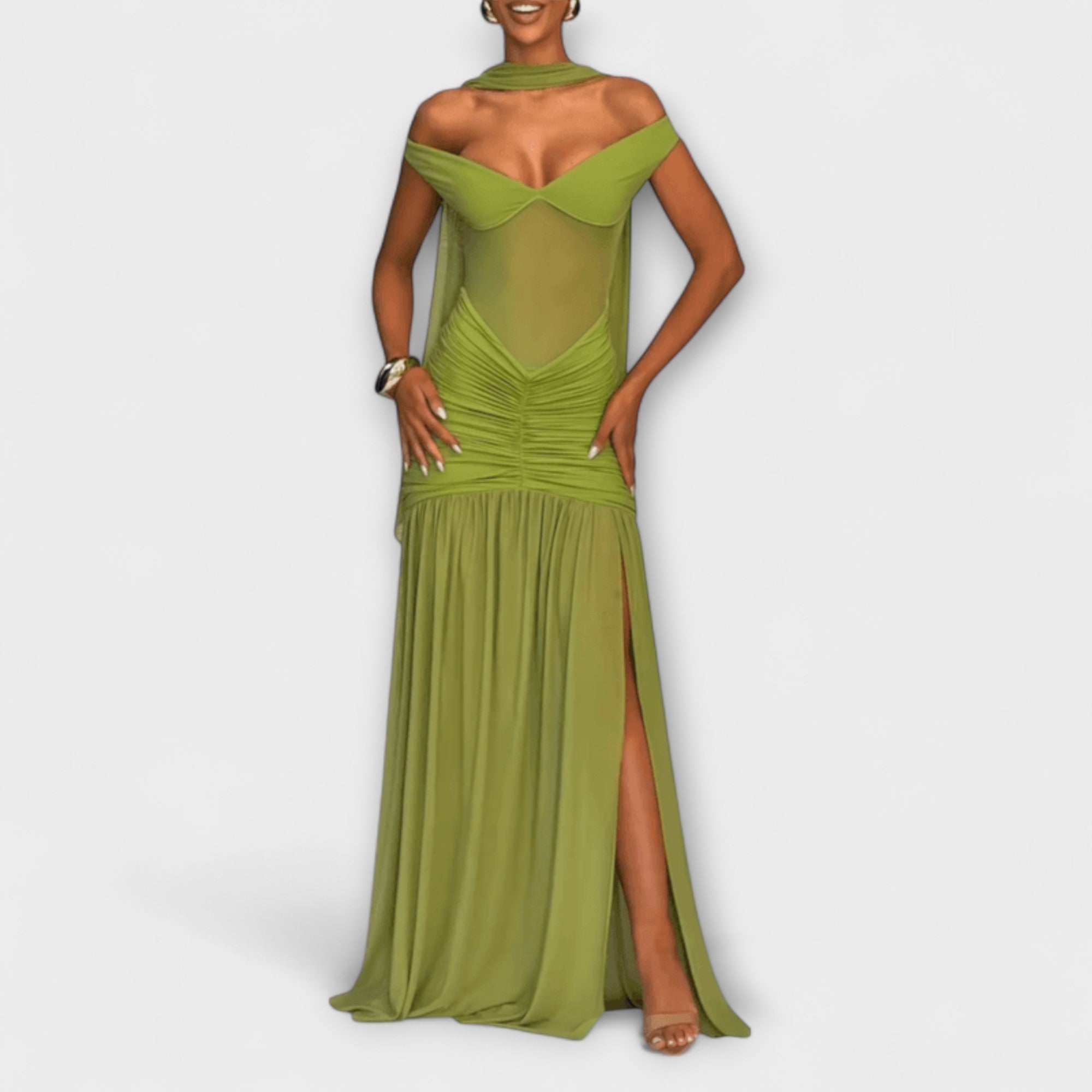Nicole - Abito Maxy con scollatura a V color oliva