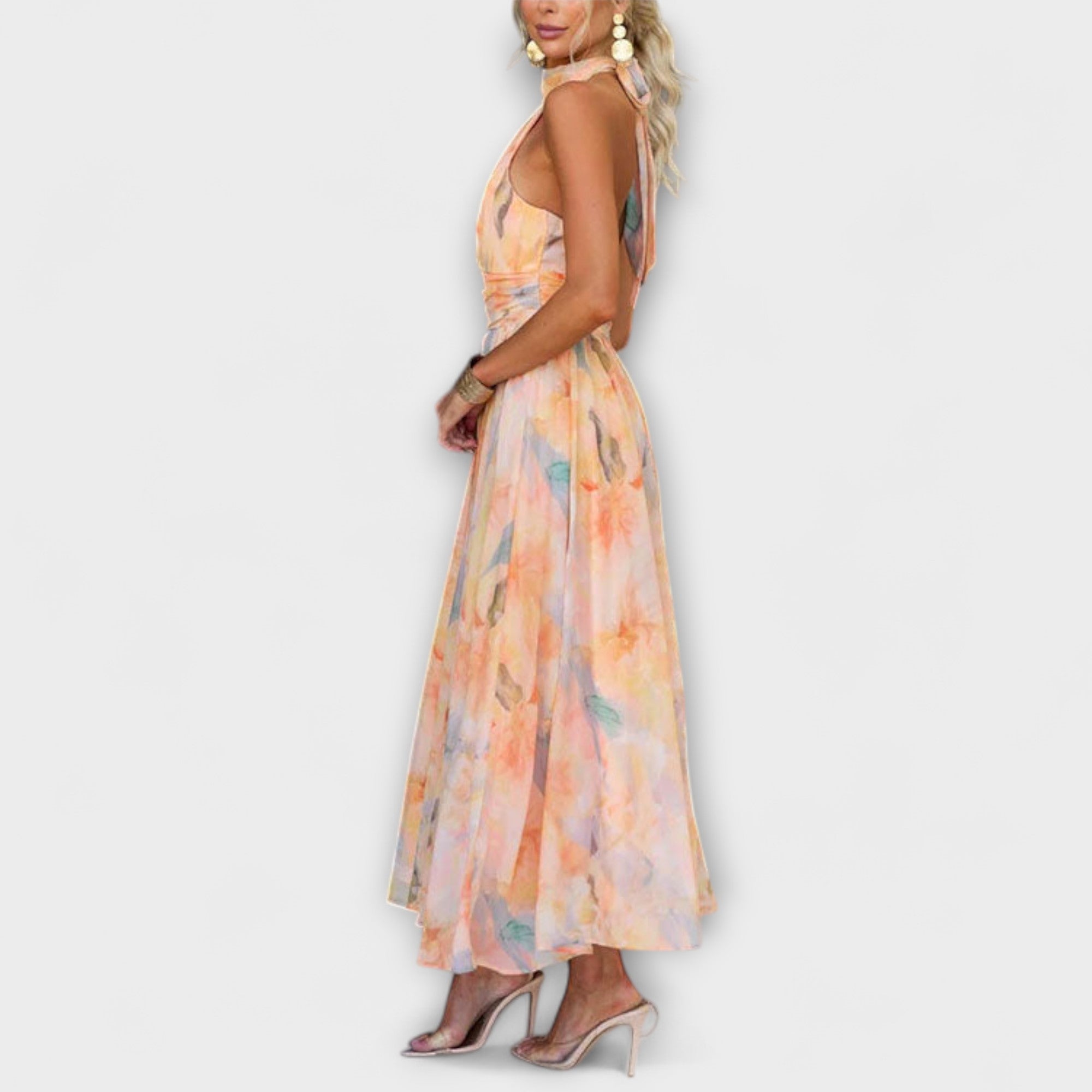 Abito Maxi con Stampa Acquerello a Scollo Halter