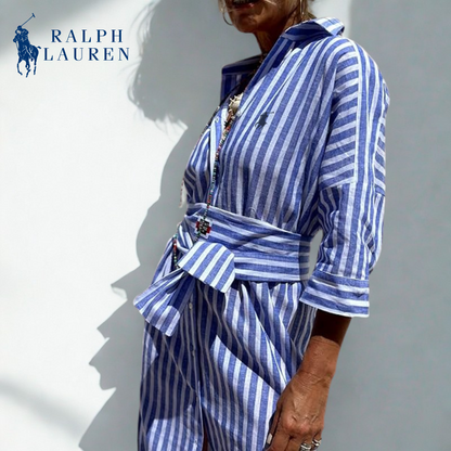 R. Ꮮаᴜгеn Abito Camicia a Strisce con Vita Regolabile