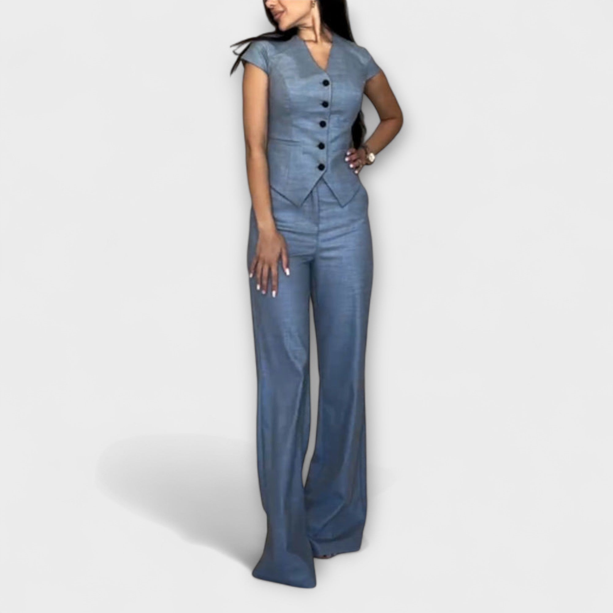 Ivy - Elegante top con scollo a V e set di pantaloni