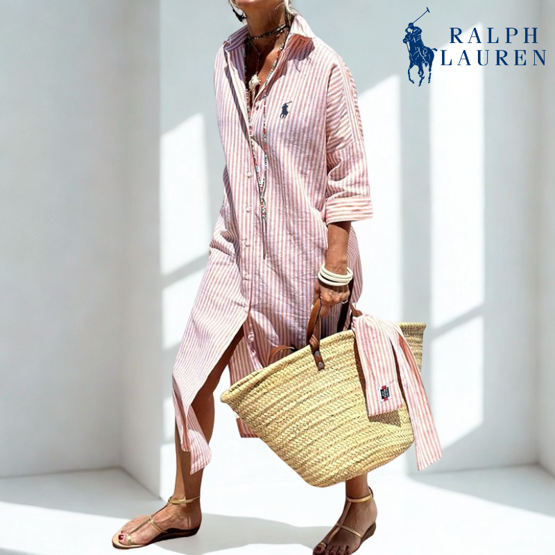 R. Ꮮаᴜгеn Abito Camicia a Strisce con Vita Regolabile