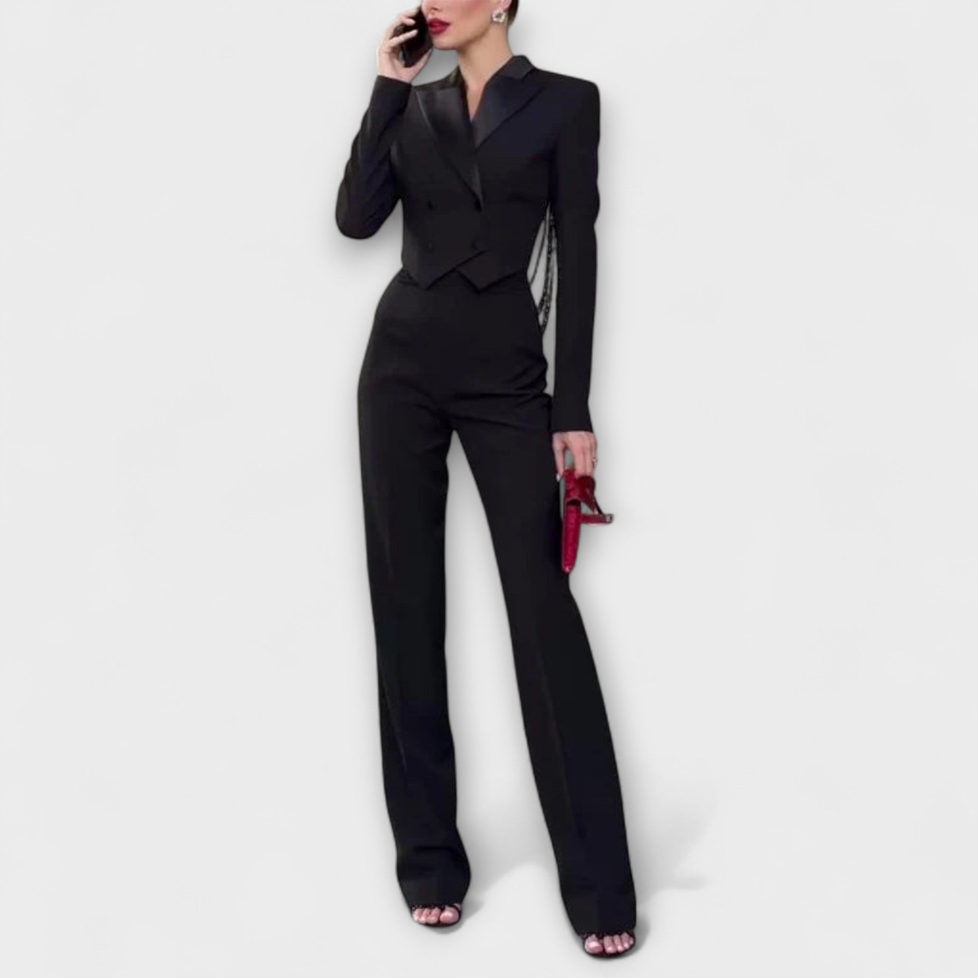 Noa - Set Blazer Corto con Perline Nere e Schiena Scoperta